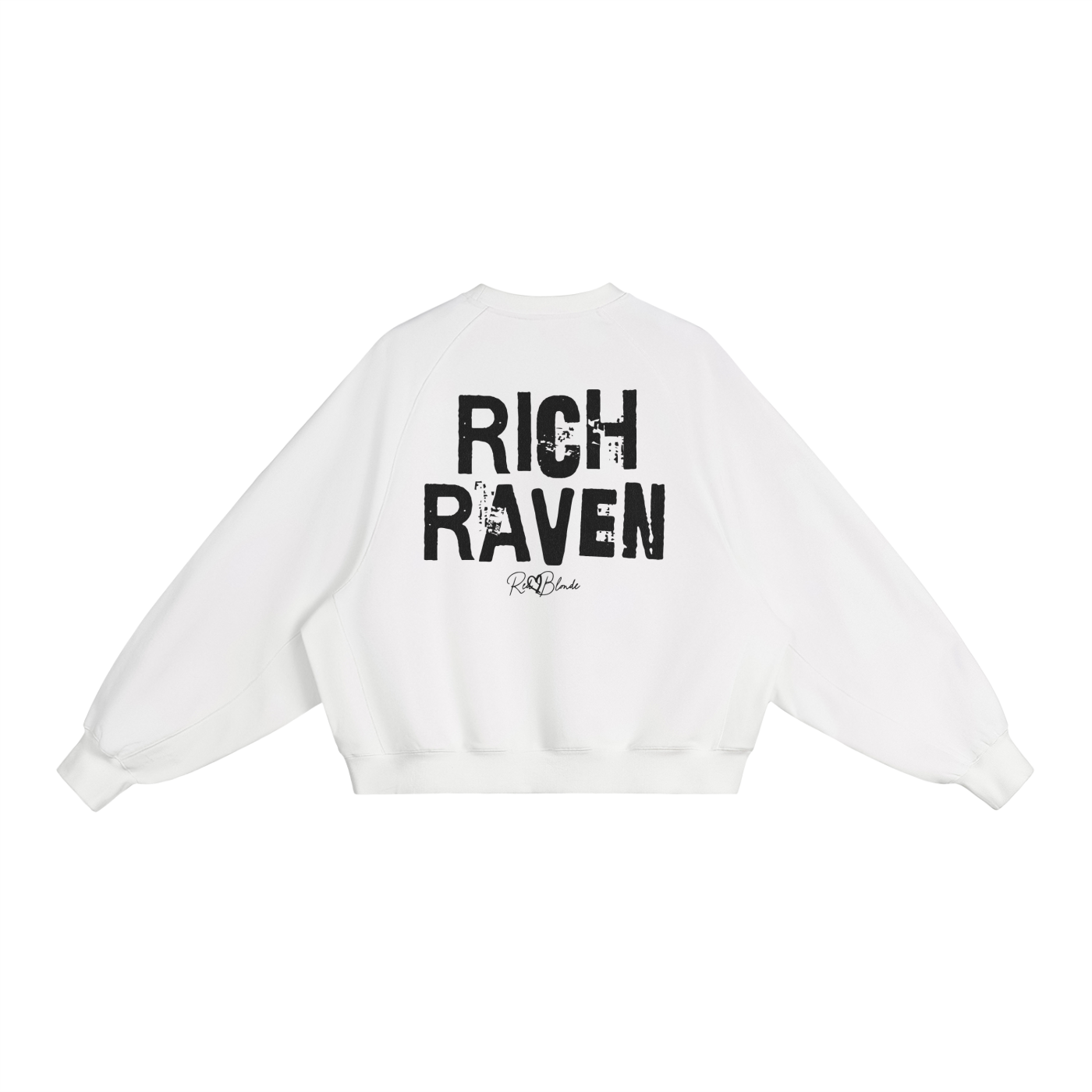 white oversized dolman-sleeve sweatshirt shown from the back on a plain white background. It has a boxy, relaxed fit with dropped shoulders, ribbed crew neckline, ribbed cuffs, and a ribbed hem band. Centered on the back is a distressed black “RICH RAVEN” Ed Gein graphic with a small “RedBlonde” script logo beneath.