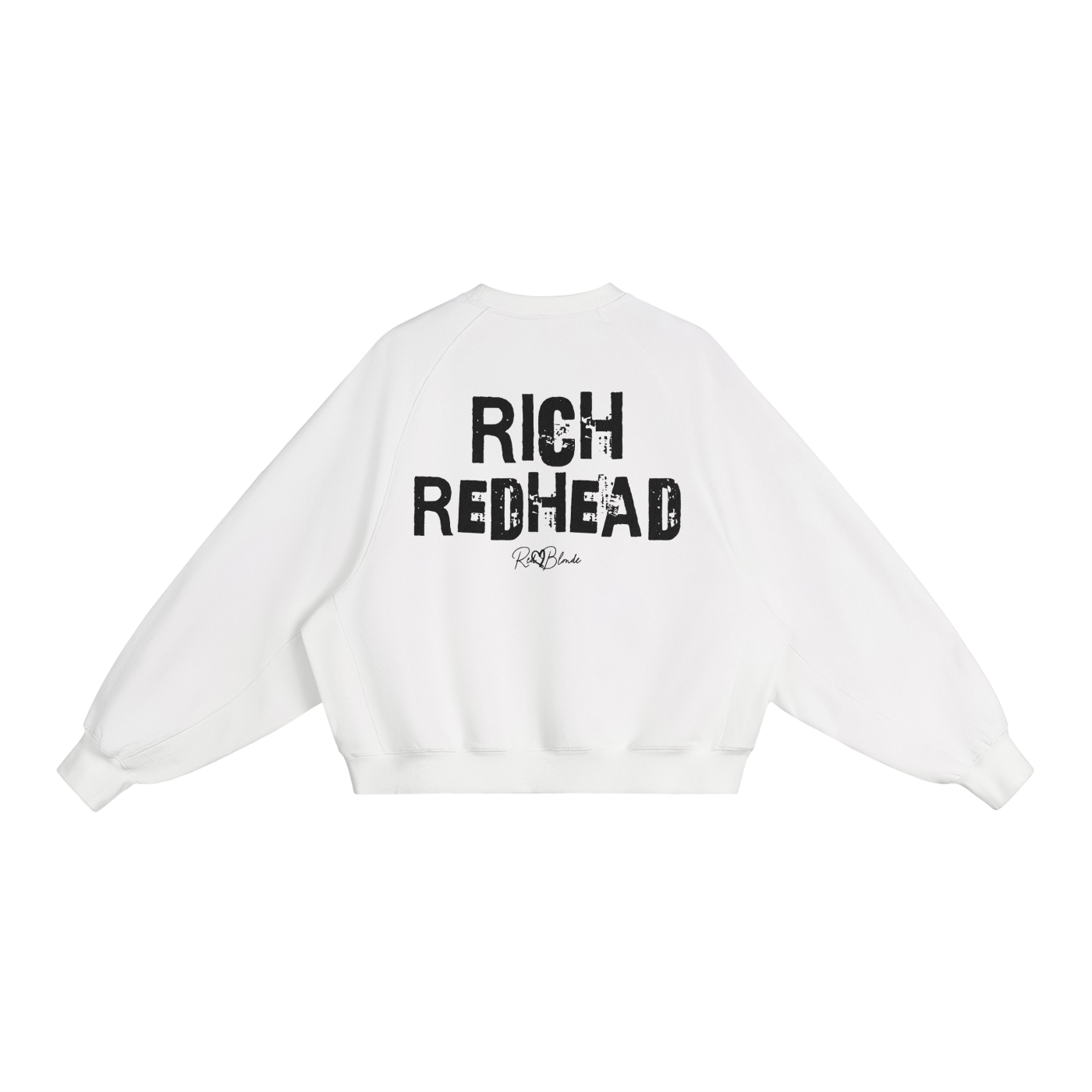 Black oversized dolman-sleeve sweatshirt shown from the back on a plain white background. It has a boxy, relaxed fit with dropped shoulders, ribbed crew neckline, ribbed cuffs, and a ribbed hem band. Centered on the back is a distressed white “RICH REDHEAD” Ed Gein graphic with a small “RedBlonde” script logo beneath.