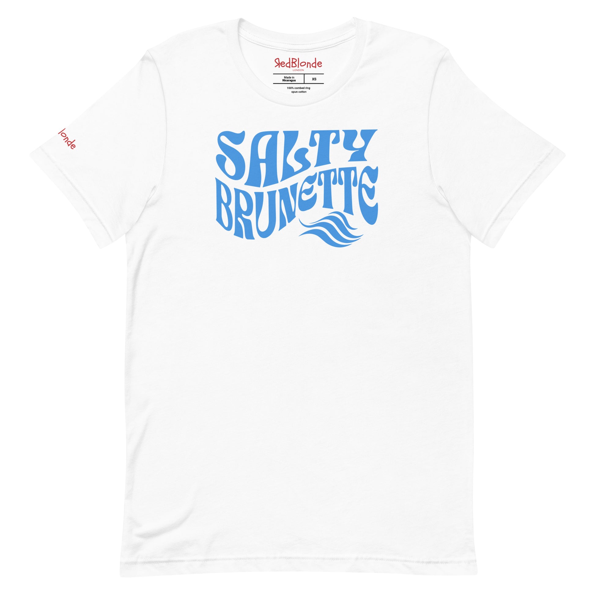 flatlay of white classic unisex graphic t-shirt with the slogan 'Salty Brunette' in Solino Display blue retro 70s wavy font. Branded RedBlonde in red on inside neck and right sleeve
