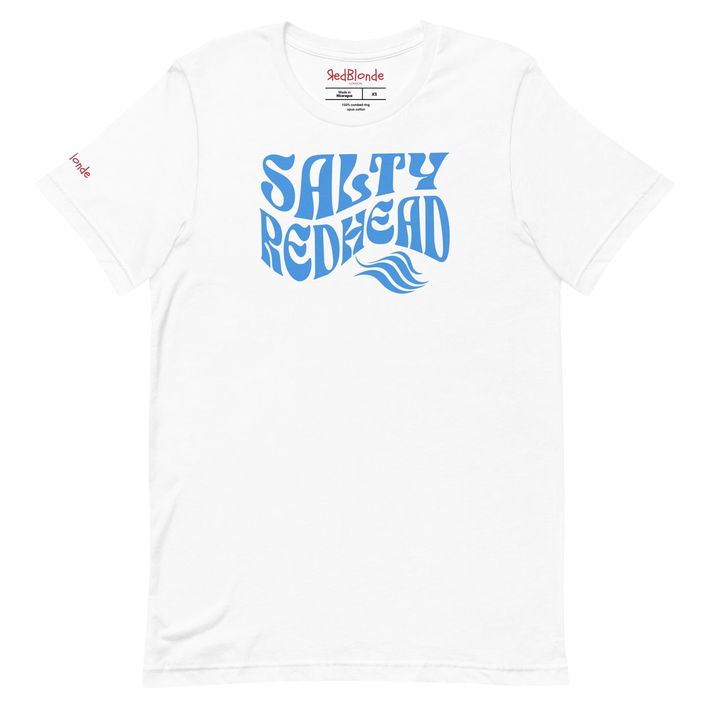flatlay of white classic unisex graphic t-shirt with the slogan 'Salty Redhead' in Solino Display blue retro 70s wavy font. Branded RedBlonde in red on inside neck and right sleeve