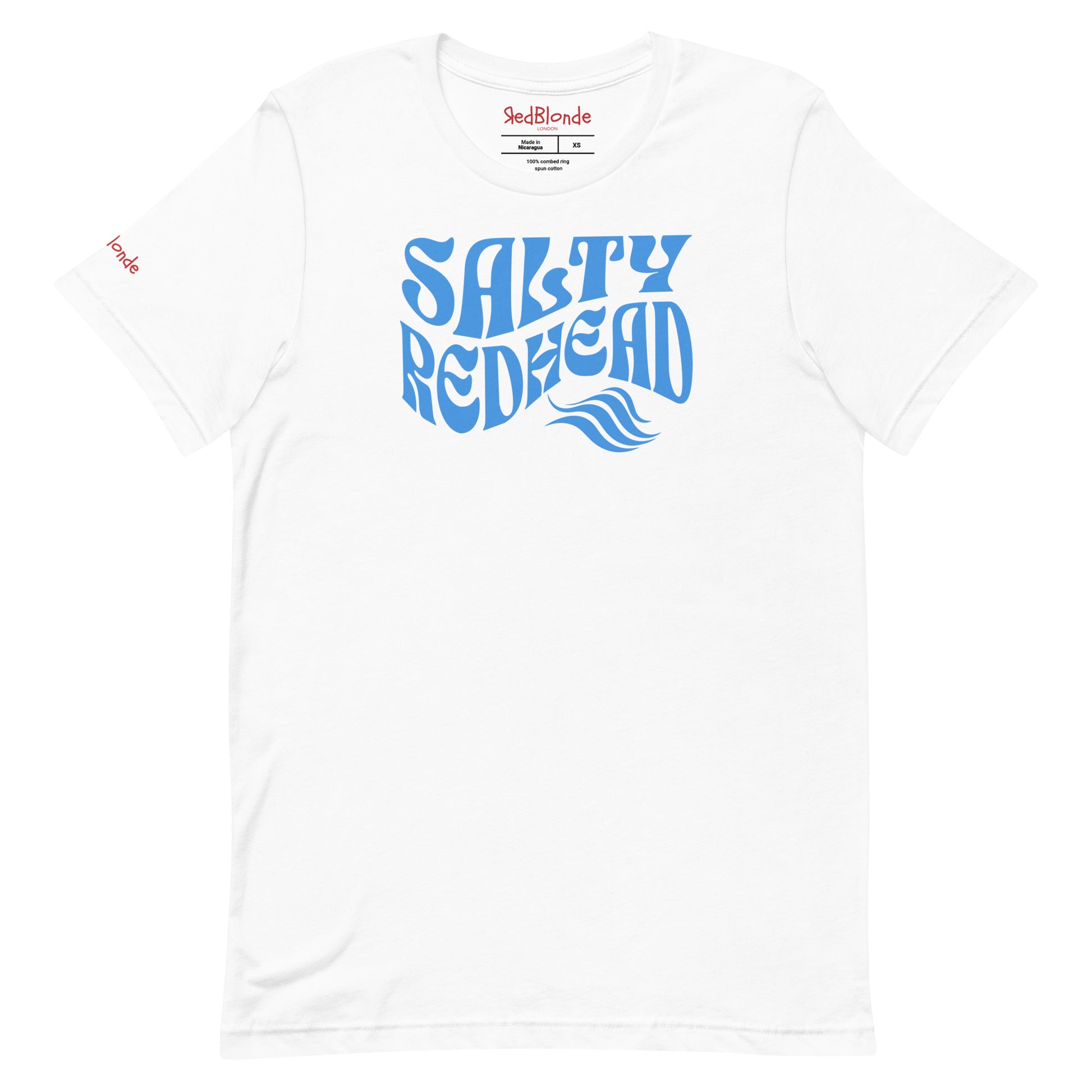 flatlay of white classic unisex graphic t-shirt with the slogan 'Salty Redhead' in Solino Display blue retro 70s wavy font. Branded RedBlonde in red on inside neck and right sleeve