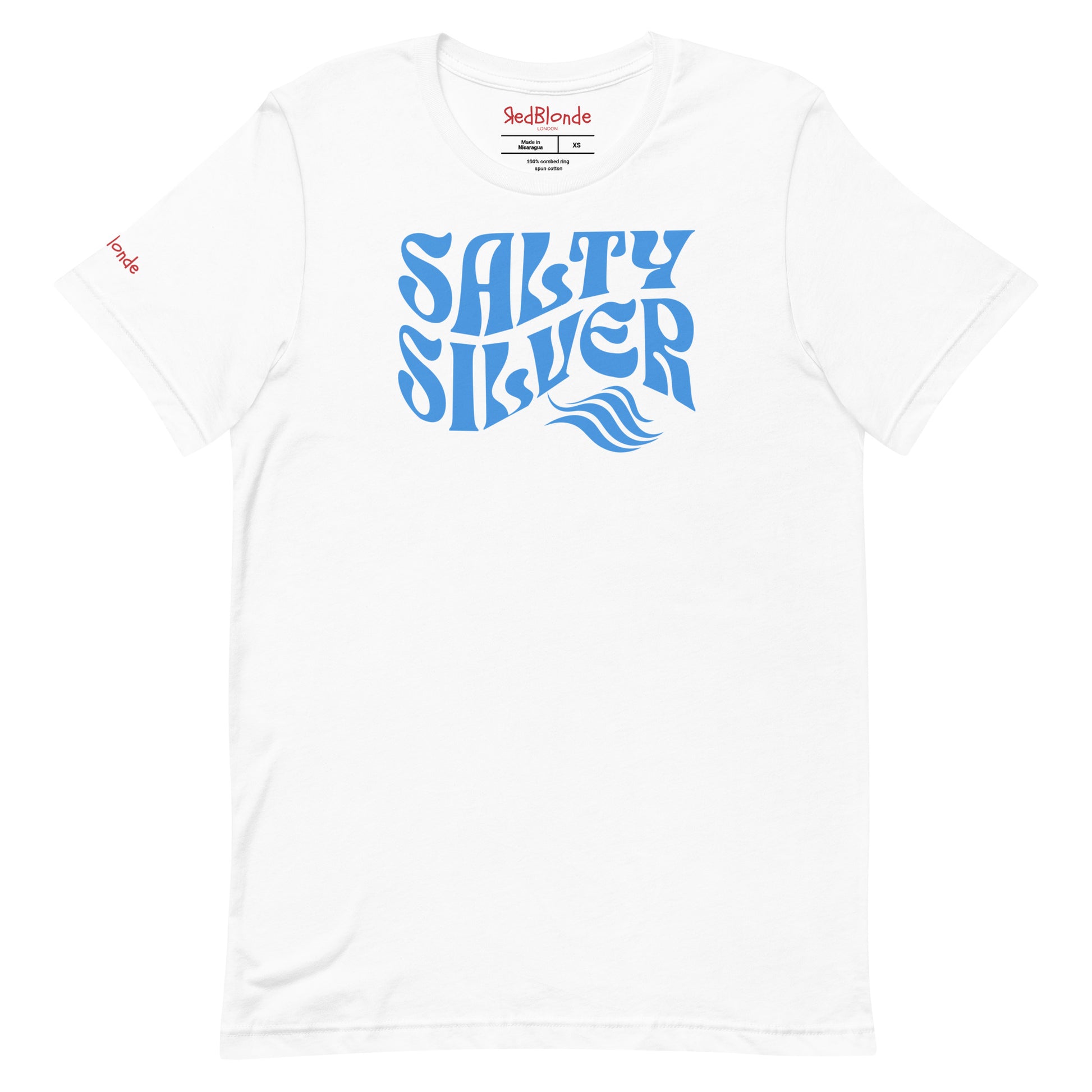 flatlay of white classic unisex graphic t-shirt with the slogan 'Salty Silver' in Solino Display white retro 70s wavy font. Branded RedBlonde in red on inside neck and right sleeve