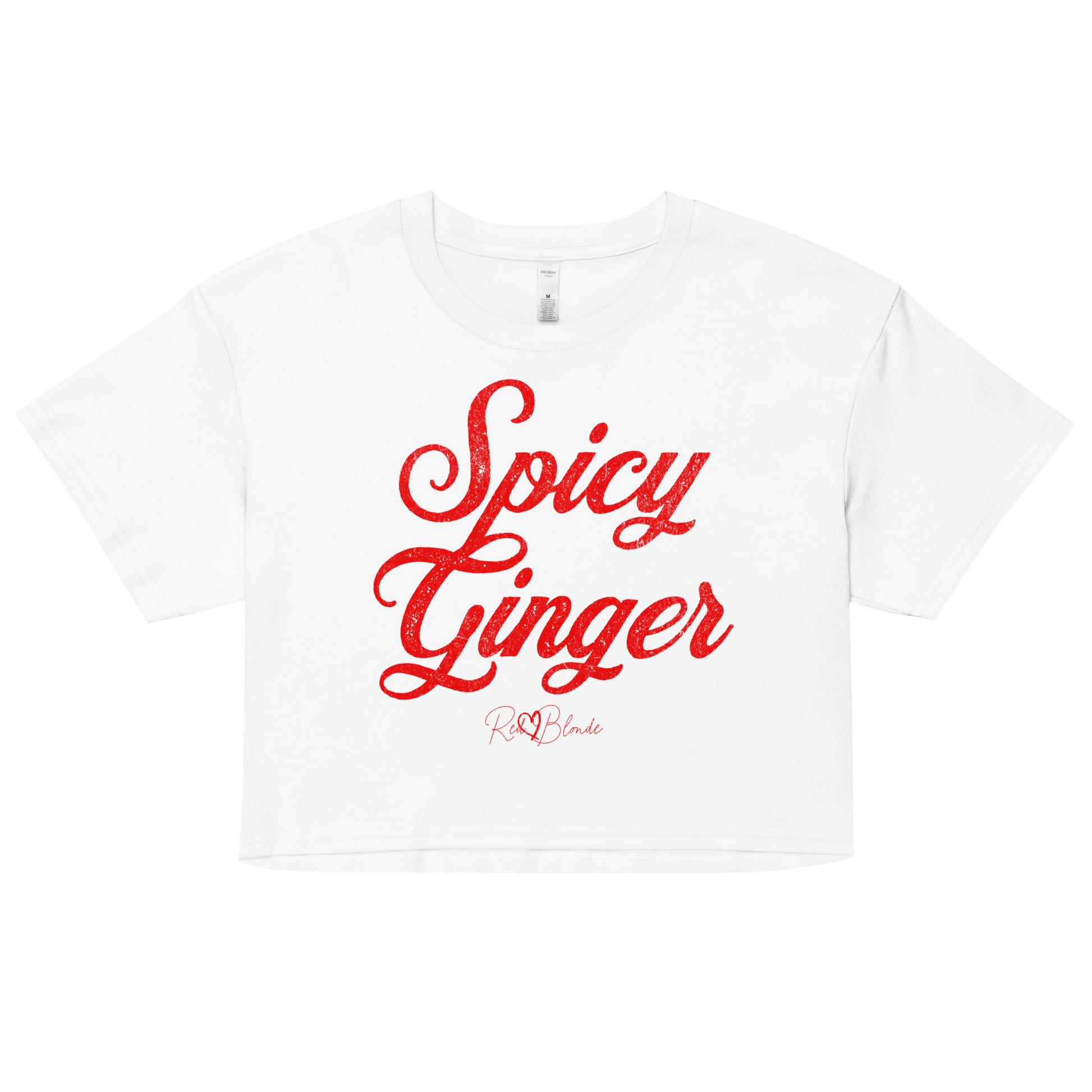 white crop top with the playful slogan ‘Spicy Ginger’ in red milk-store font, signed off RedBlonde. Branded RedBlonde London in red on the reverse