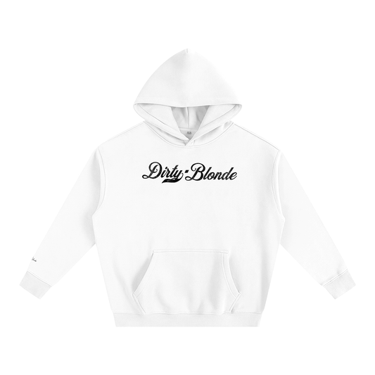 A white pullover hoodie laid flat on a white background. It has a kangaroo front pocket and ribbed cuffs and hem. Across the chest is black Milkstore 01 script text reading “Dirty Blonde.”