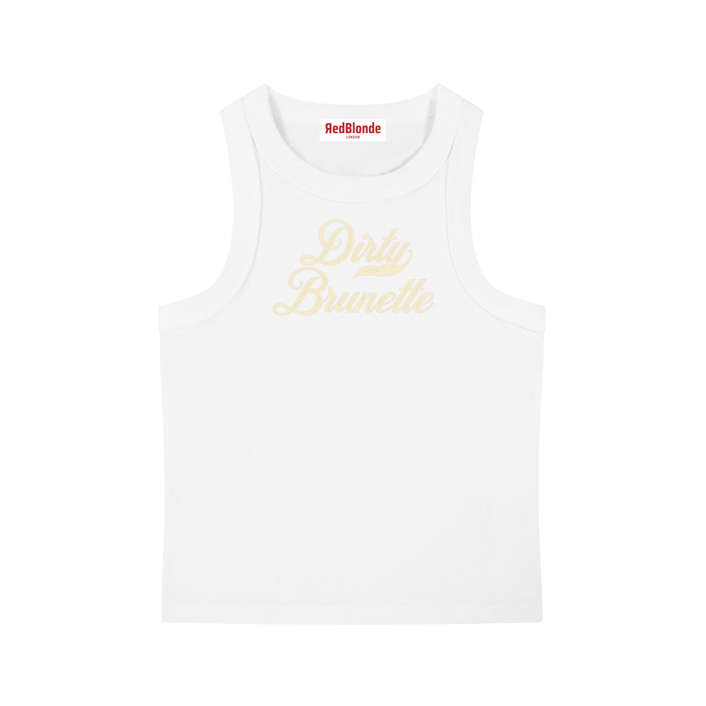 white snow-wash tank top with raw-edge seams and the phrase ‘Dirty Brunette’ printed in vintage Milkstore lemon font across the chest, featuring the RedBlonde logo underneath