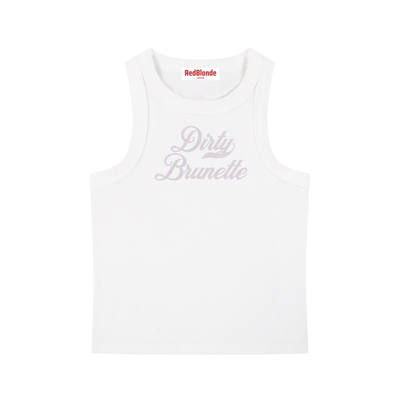 white snow-wash tank top with raw-edge seams and the phrase ‘Dirty Brunette’ printed in vintage Milkstore lilac font across the chest, featuring the RedBlonde logo underneath