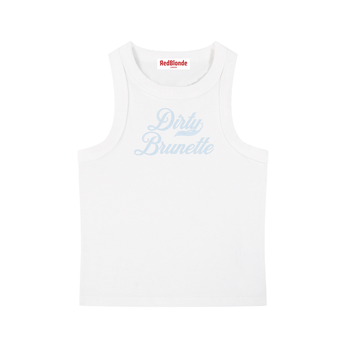 white snow-wash tank top with raw-edge seams and the phrase ‘Dirty Brunette’ printed in vintage Milkstore pale blue font across the chest, featuring the RedBlonde logo underneath