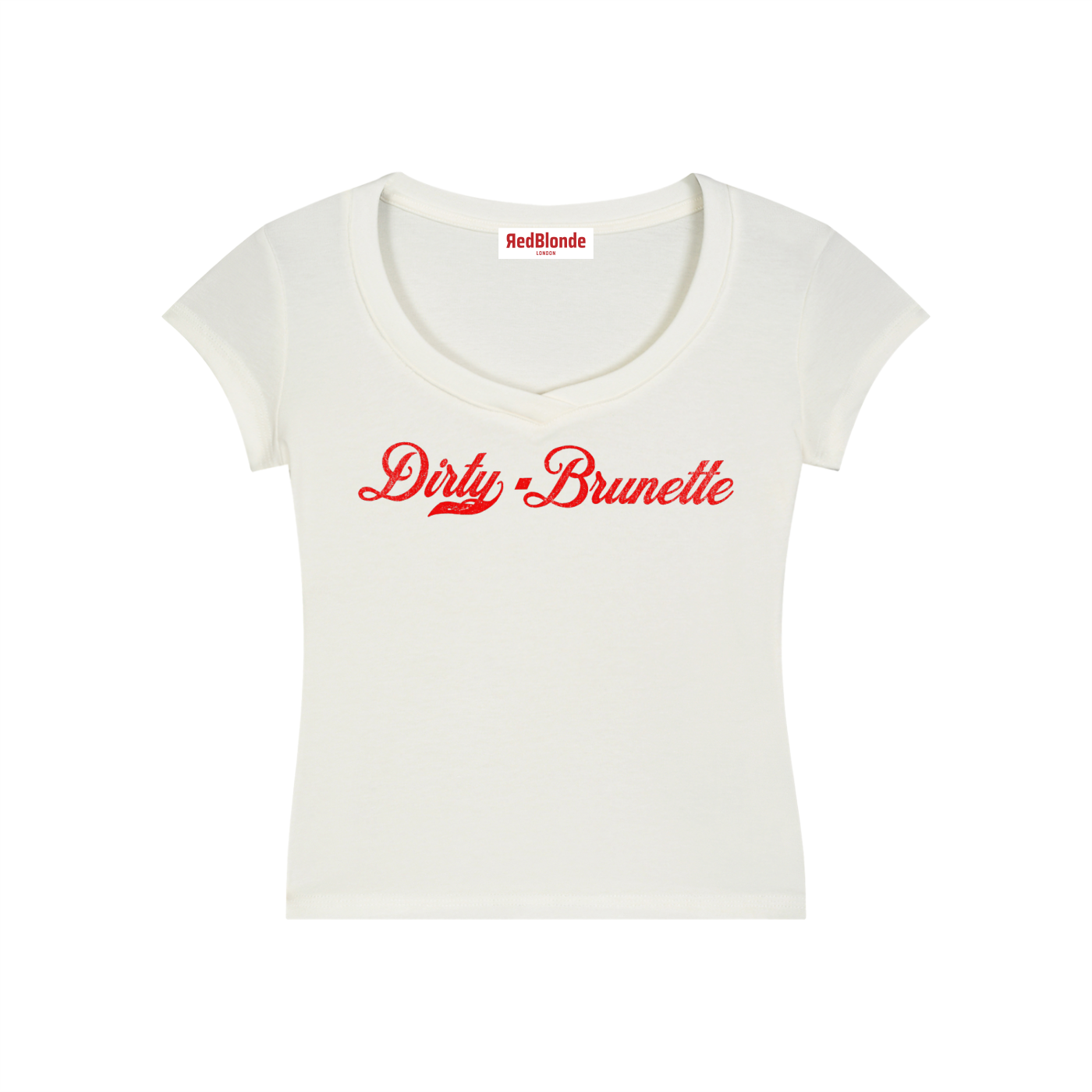 A fitted white V-neck T-shirt laid flat on a white background. It has short sleeves and a red Milkstore 01 script graphic across the chest reading “Dirty-Brunette.” A small RedBlonde label is visible at the inside back neck.
