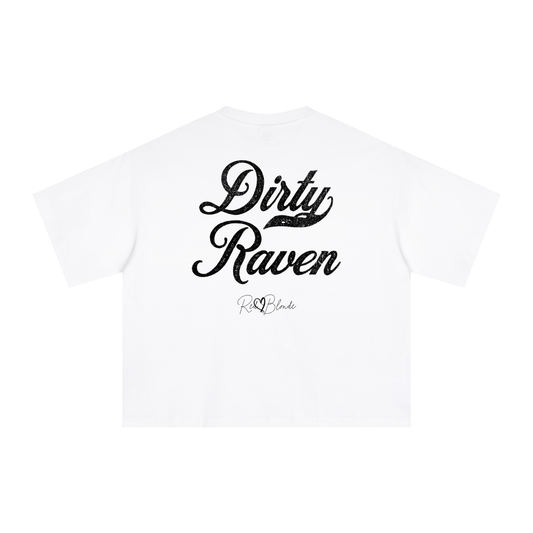 Back view of a white boxy oversized unisex T-shirt with bold black Milkstore 01 vintage-style script reading “Dirty Raven” and the RedBlonde signature logo beneath