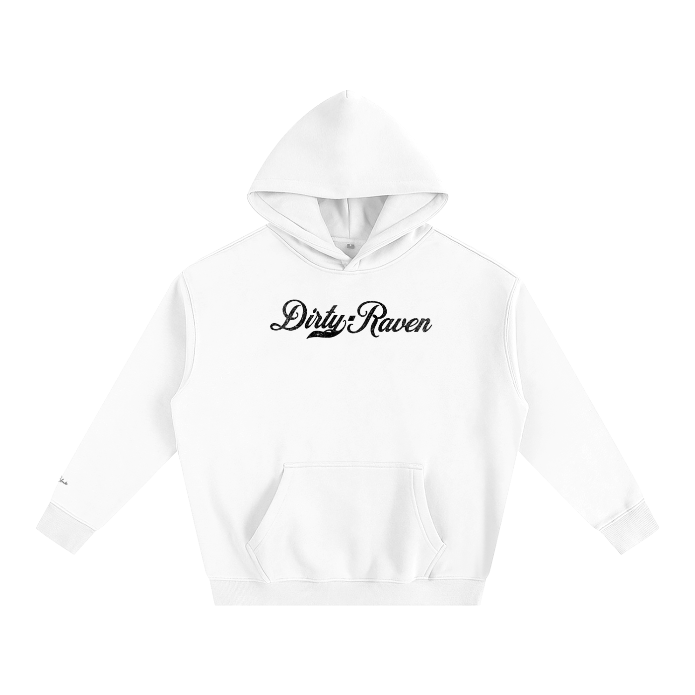 A white pullover hoodie laid flat on a white background. It has a kangaroo front pocket and ribbed cuffs and hem. Across the chest is black Milkstore 01 script text reading “Dirty Raven.”