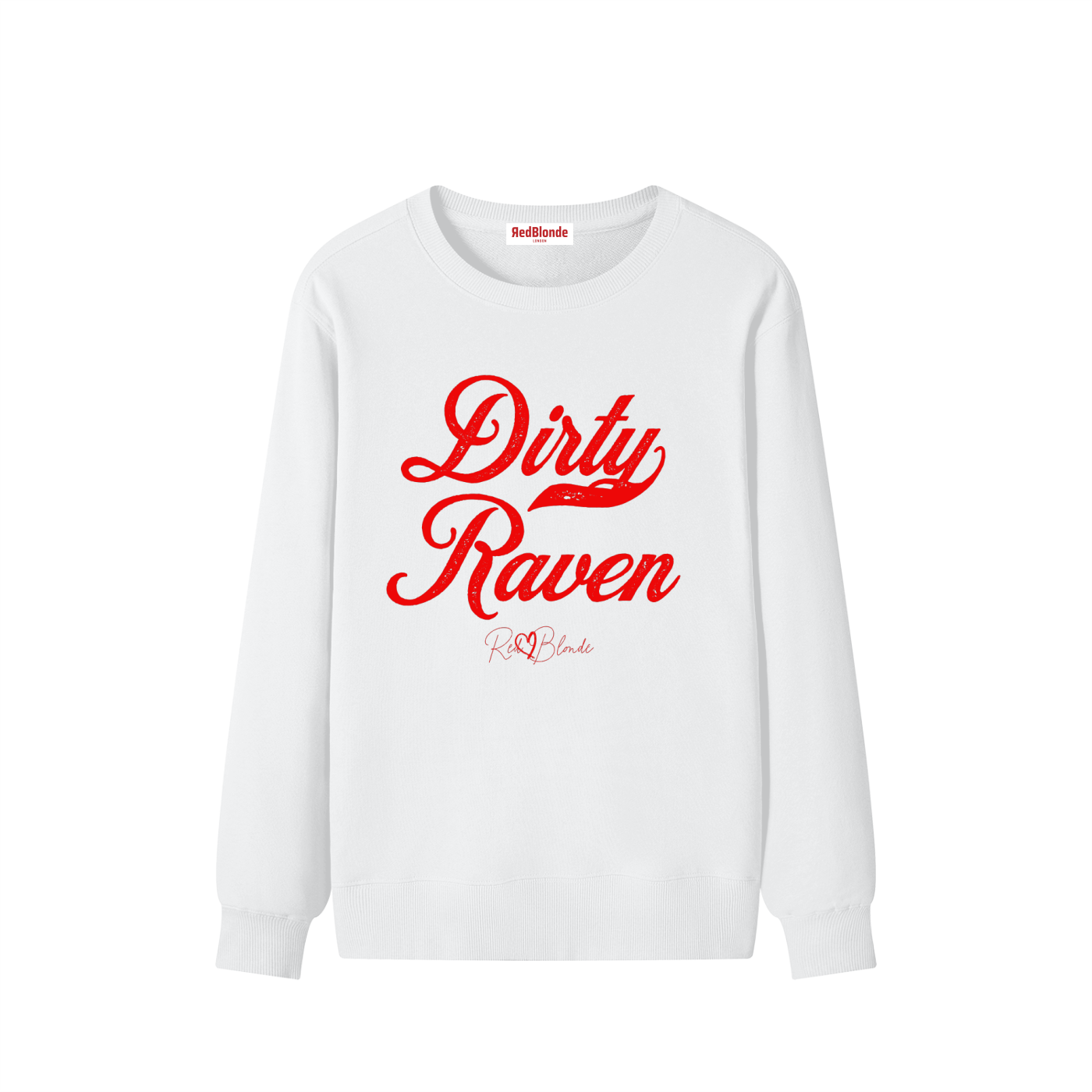 flatlay of white Classic relaxed fit premium unisex sweatshirt with the playful slogan ‘Dirty Raven’ in red milk-store font, signed off RedBlonde. 