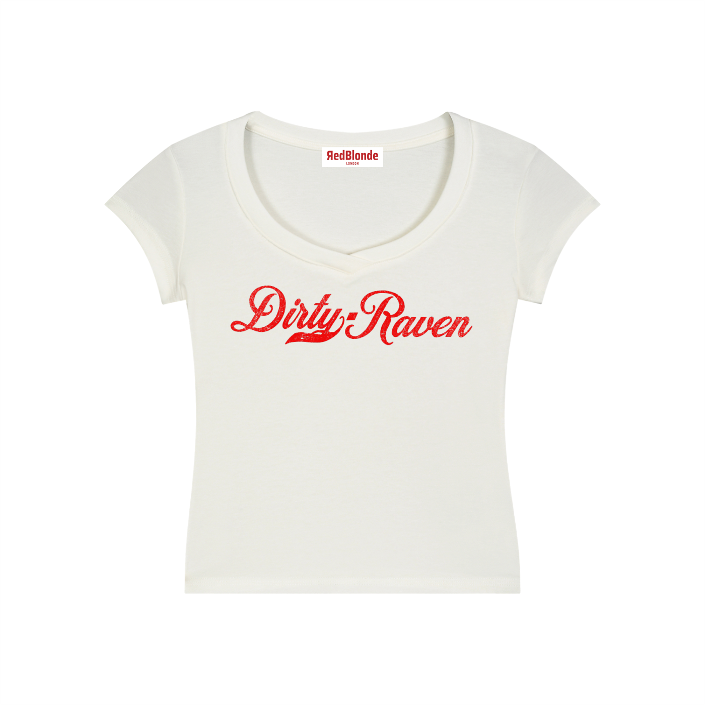Fitted white V-neck T-shirt laid flat on a white background. It has short sleeves and a red Milkstore 01 script graphic across the chest reading “Dirty-Raven.” A small RedBlonde label is visible at the inside back neck.