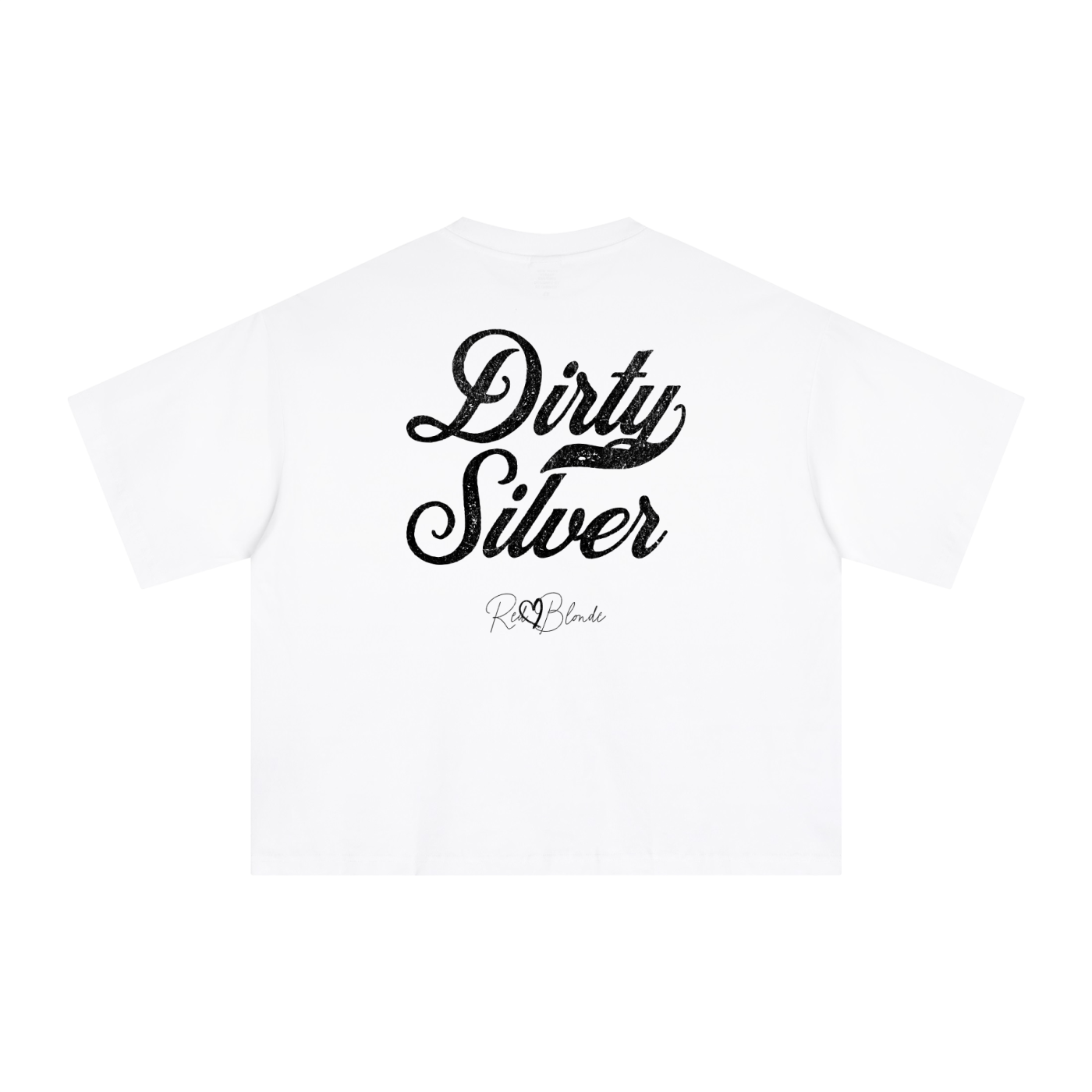 Back view of a white boxy oversized unisex T-shirt with bold white Milkstore 01 vintage-style script reading “Dirty Silver” and the RedBlonde signature logo beneath