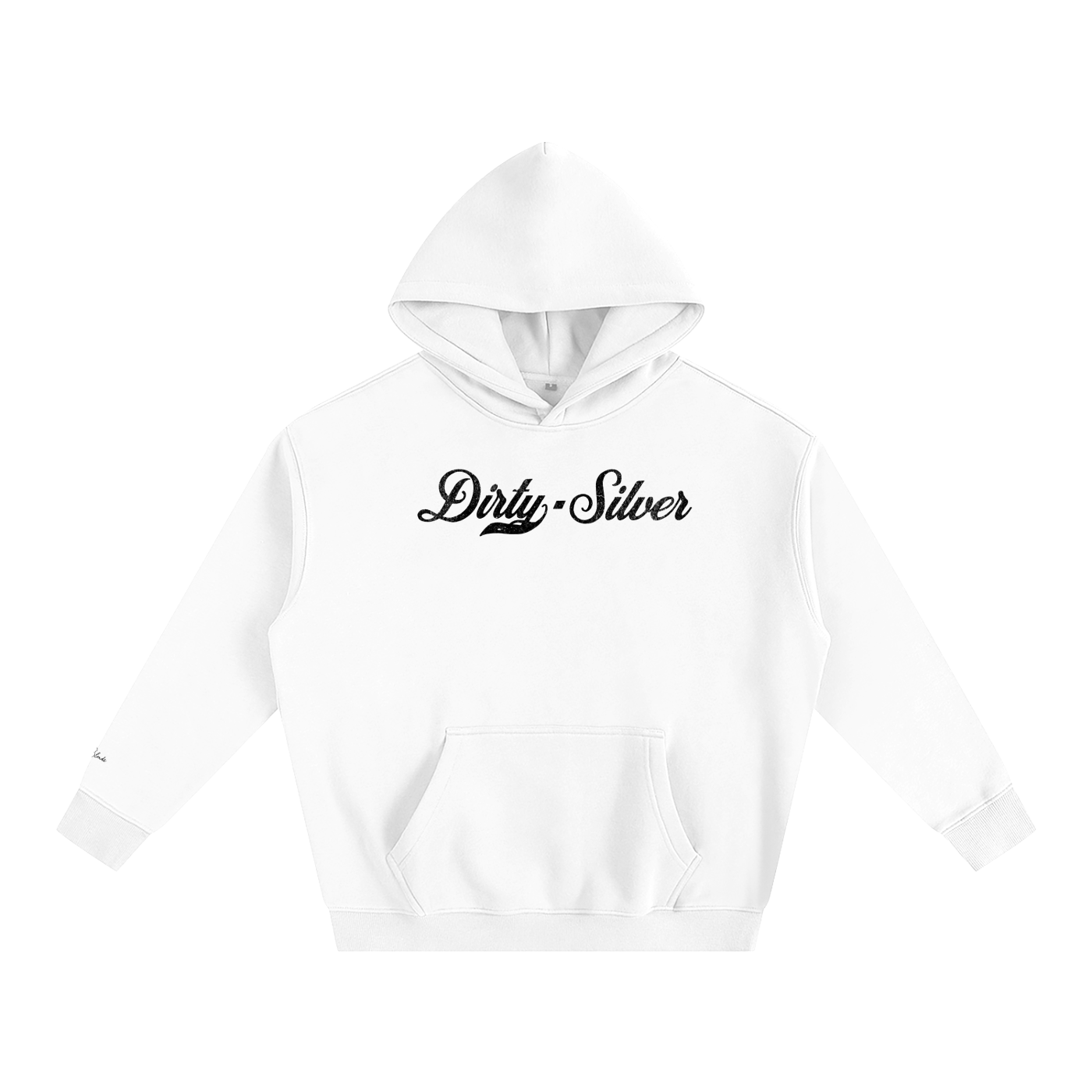 A white pullover hoodie laid flat on a white background. It has a kangaroo front pocket and ribbed cuffs and hem. Across the chest is black Milkstore 01 script text reading “Dirty Silver”