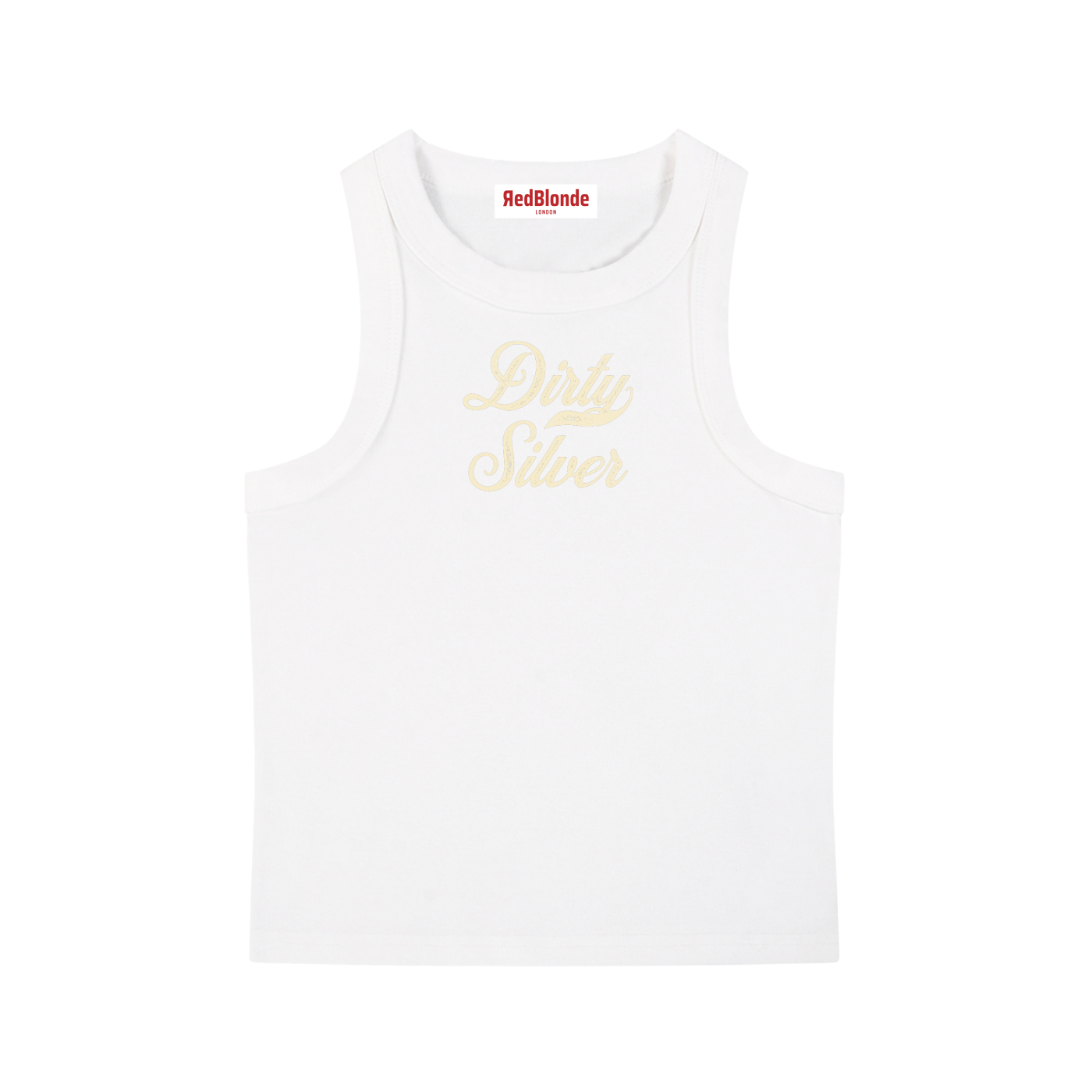 White snow-wash tank top with raw-edge seams and the phrase ‘Dirty Silver’ printed in vintage Milkstore lemon font across the chest, 