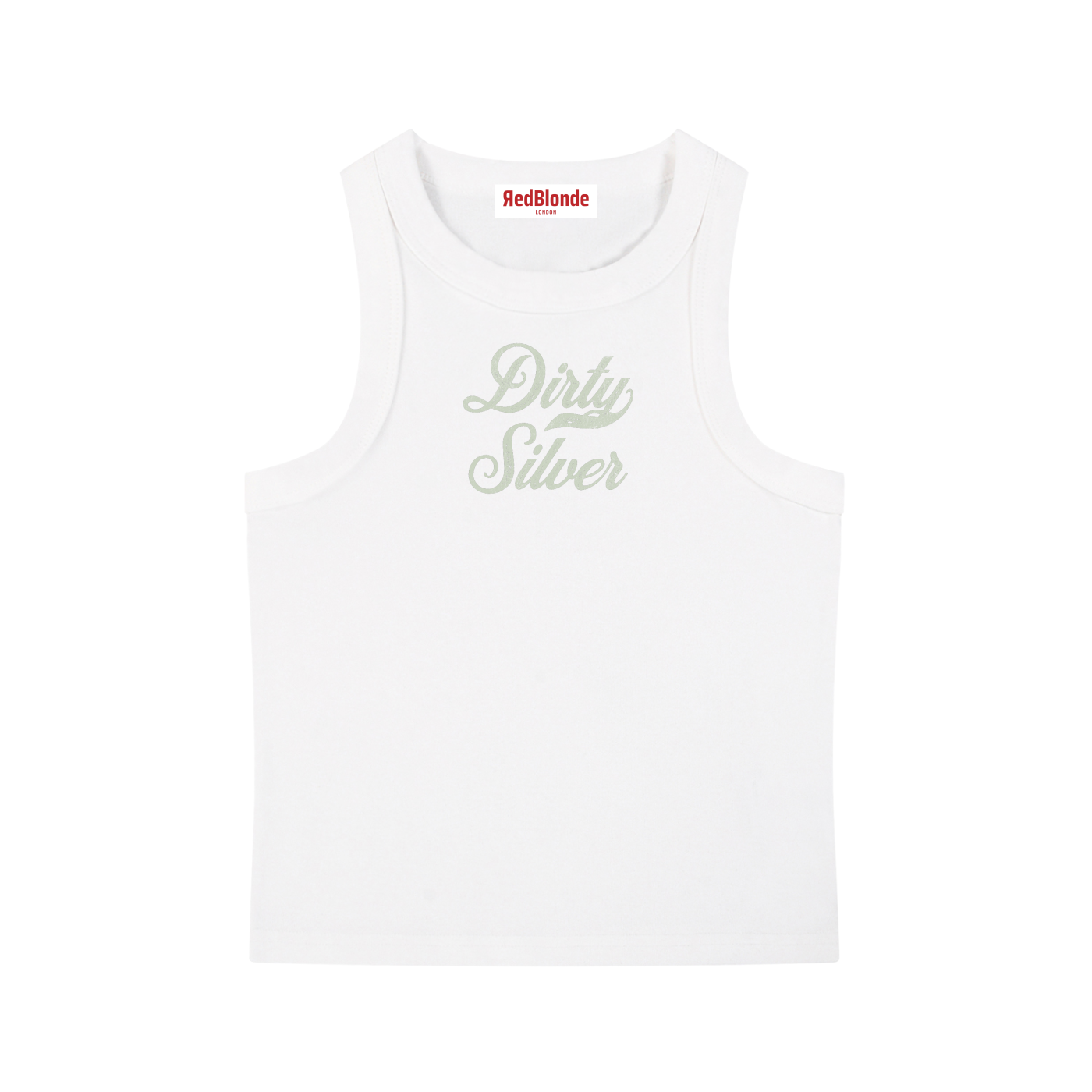 white snow-wash tank top with raw-edge seams and the phrase ‘Dirty Silver’ printed in vintage Milkstore pale green font across the chest, 