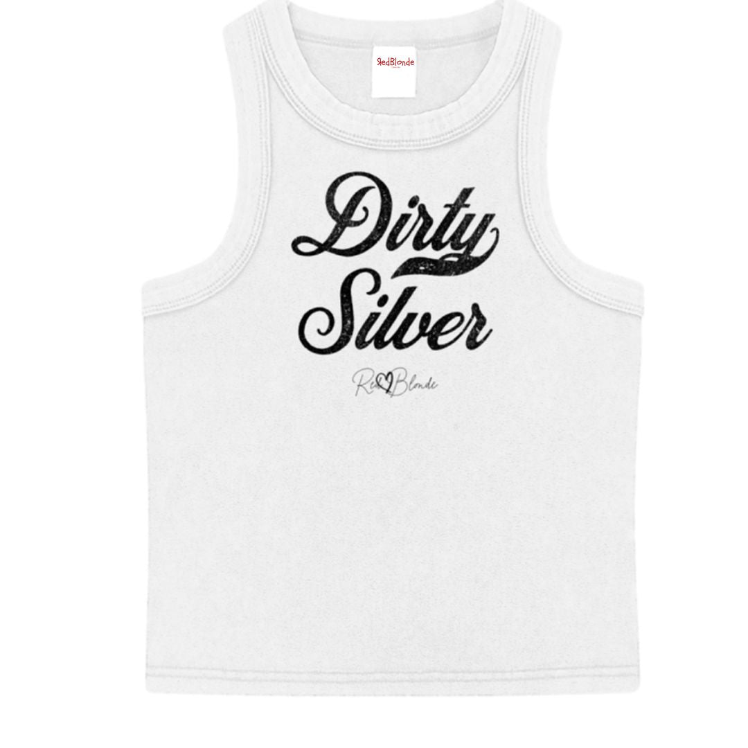White snow-wash tank top with raw-edge seams and the phrase ‘Dirty Silver’ printed in vintage Milkstore black font across the chest, featuring the RedBlonde logo underneath