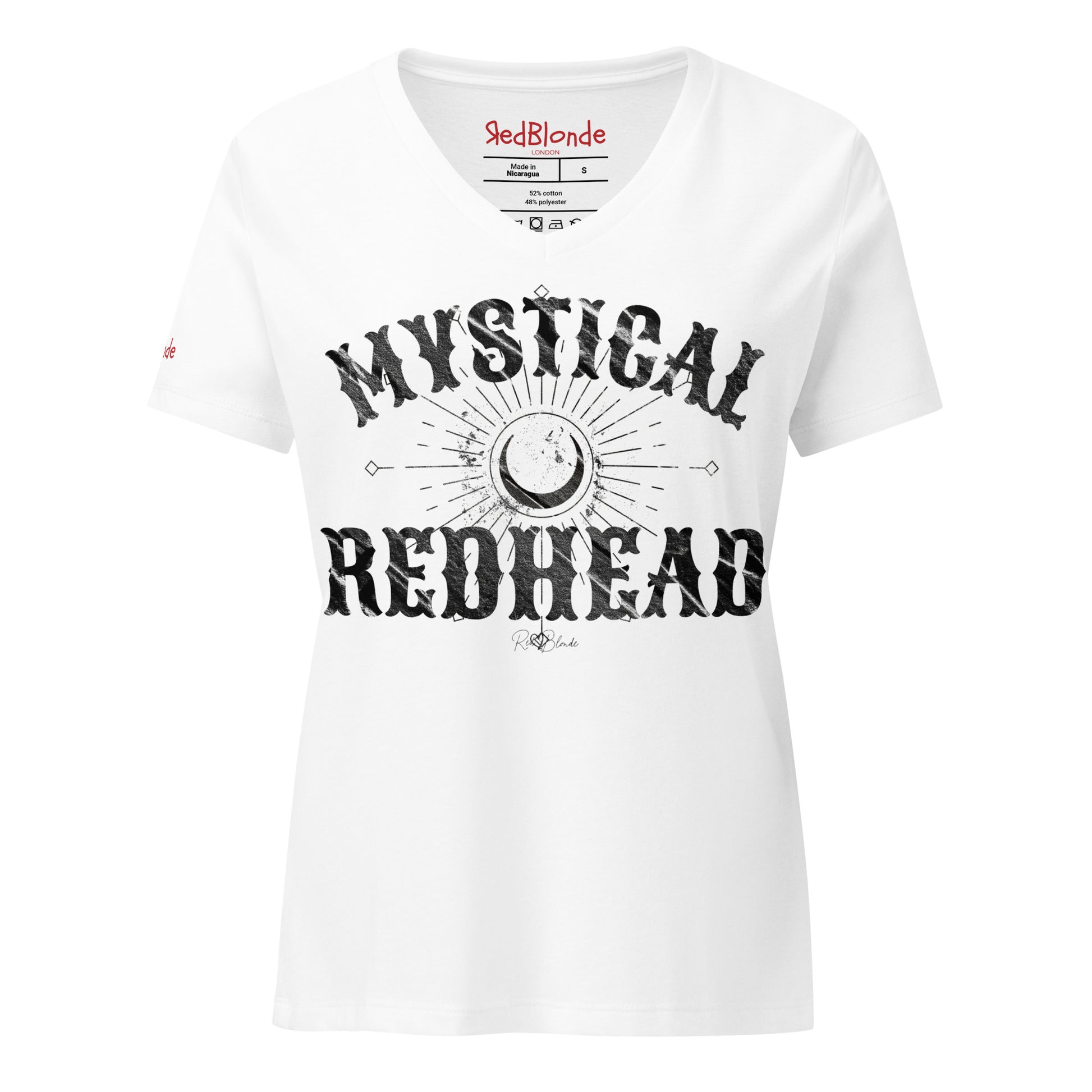Women’s whilte v-neck t-shirt with bold Sancreek vintage-style black lettering that reads ‘Mystical Redhead’ with a crescent moon and radiant sunburst graphic. Branded RedBlonde in red on inside neck and right sleeve