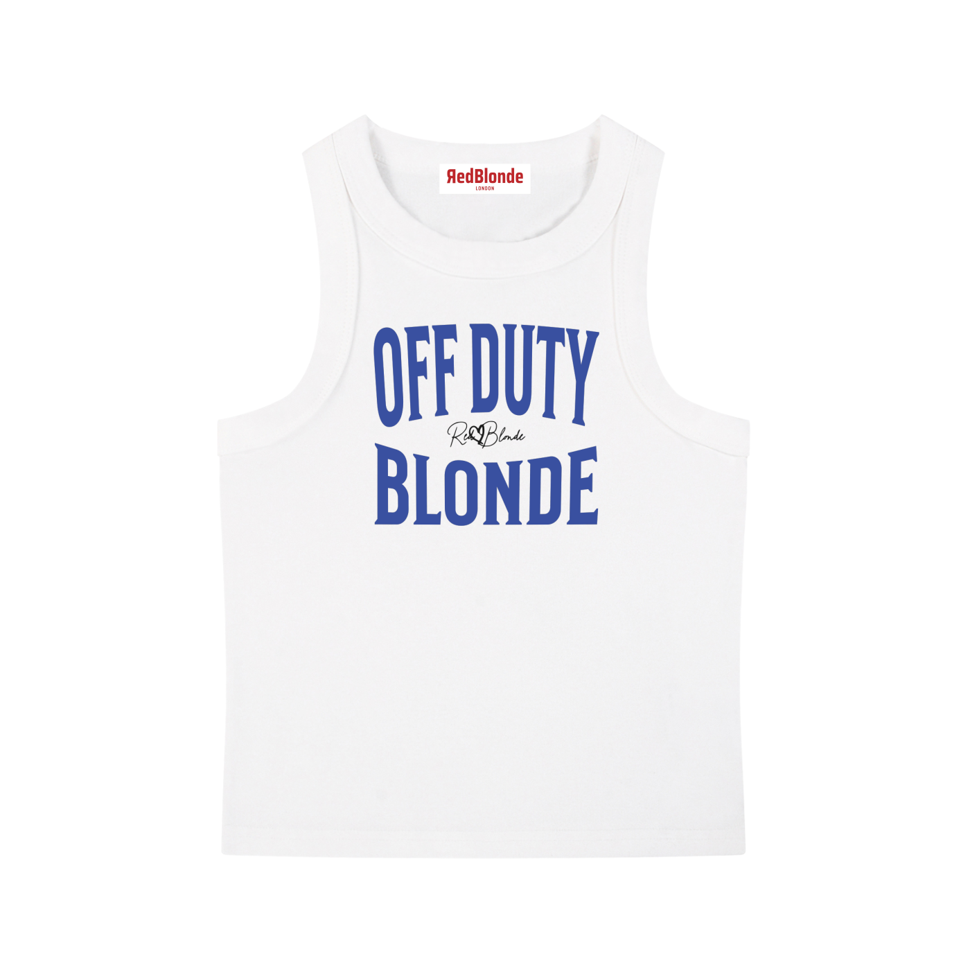A white sleeveless vintag acid wash tank top laid flat on a white background, with blue text on the chest reading “OFF DUTY BLONDE” in bold Brookfield lettering, and a small cursive RedBlonde signature logo between the words. 