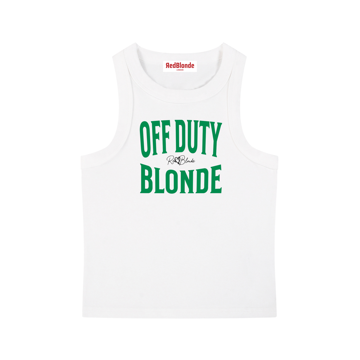 A white sleeveless vintag acid wash tank top laid flat on a white background, with green text on the chest reading “OFF DUTY BLONDE” in bold Brookfield lettering, and a small cursive RedBlonde signature logo between the words. 