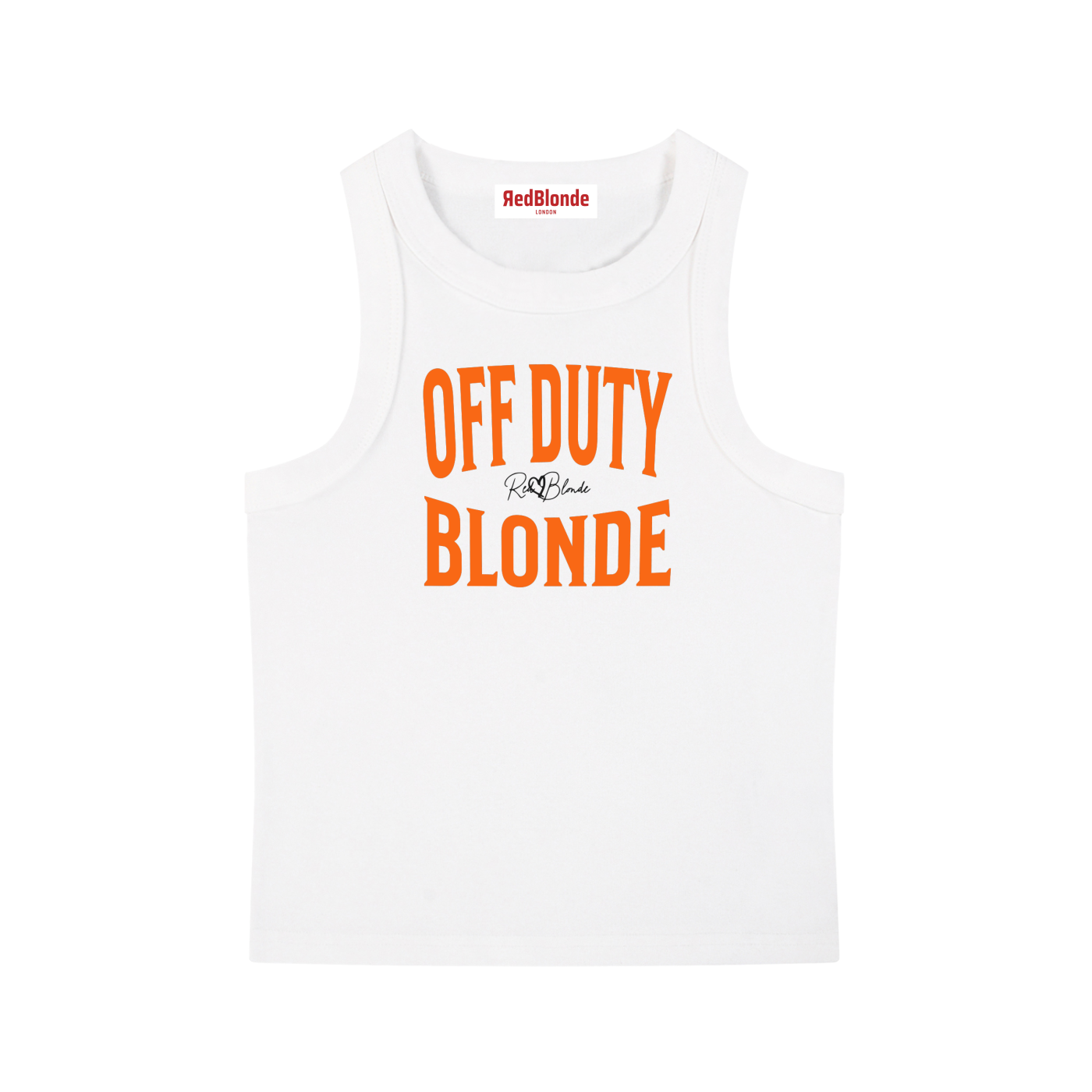 A white sleeveless vintag acid wash tank top laid flat on a white background, with orange text on the chest reading “OFF DUTY BLONDE” in bold Brookfield lettering, and a small cursive RedBlonde signature logo between the words. 