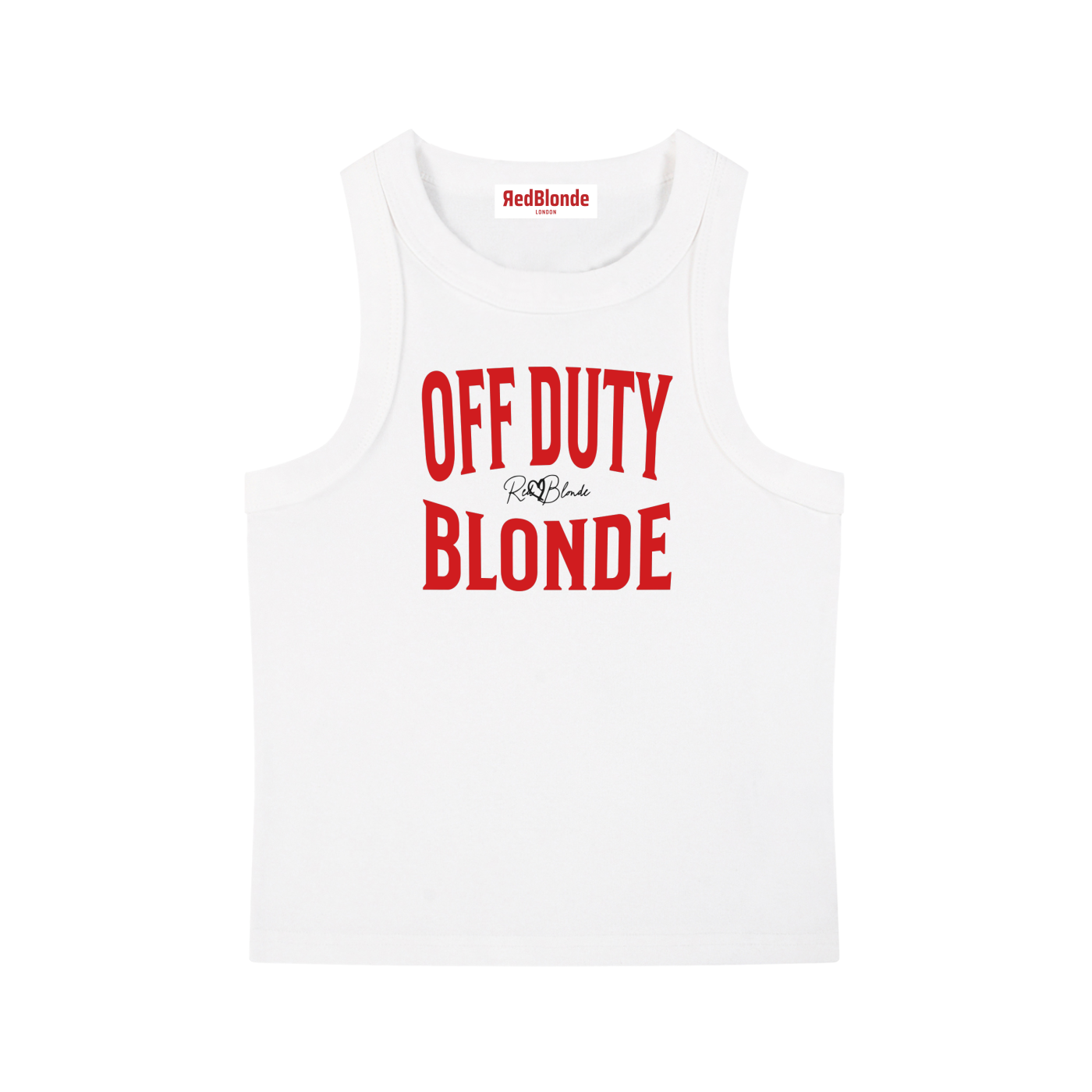 A white sleeveless vintage acid wash tank top laid flat on a white background, with red text on the chest reading “OFF DUTY BLONDE” in bold Brookfield lettering, and a small cursive RedBlonde signature logo between the words. 