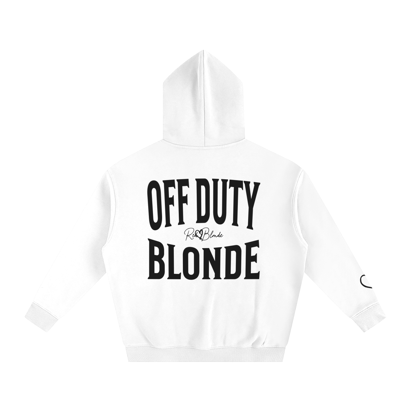 white hoodie, back view, with large black  ‘OFF DUTY BLONDE’ Brookfield text print and small RedBlonde  signature logo beneath.