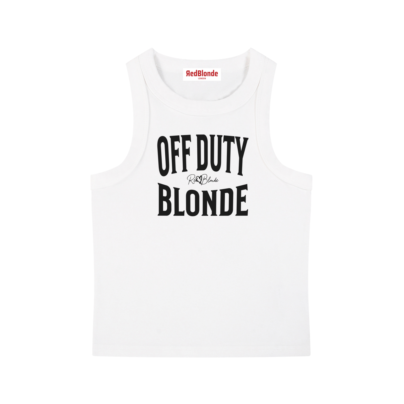 A white sleeveless vintag acid wash tank top laid flat on a white background, with black text on the chest reading “OFF DUTY BLONDE” in bold Brookfield lettering, and a small cursive RedBlonde signature logo between the words. 