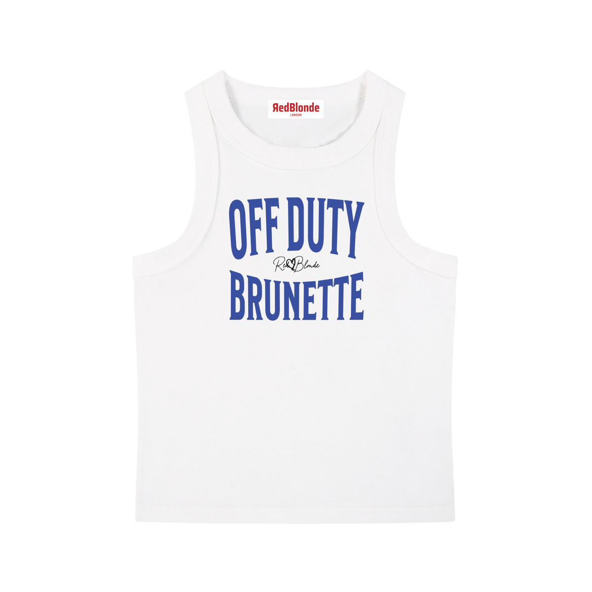 A white sleeveless vintage acid wash tank top laid flat on a white background, with blue text on the chest reading “OFF DUTY BRUNETTE” in bold Brookfield lettering, and a small cursive RedBlonde signature logo between the words. 