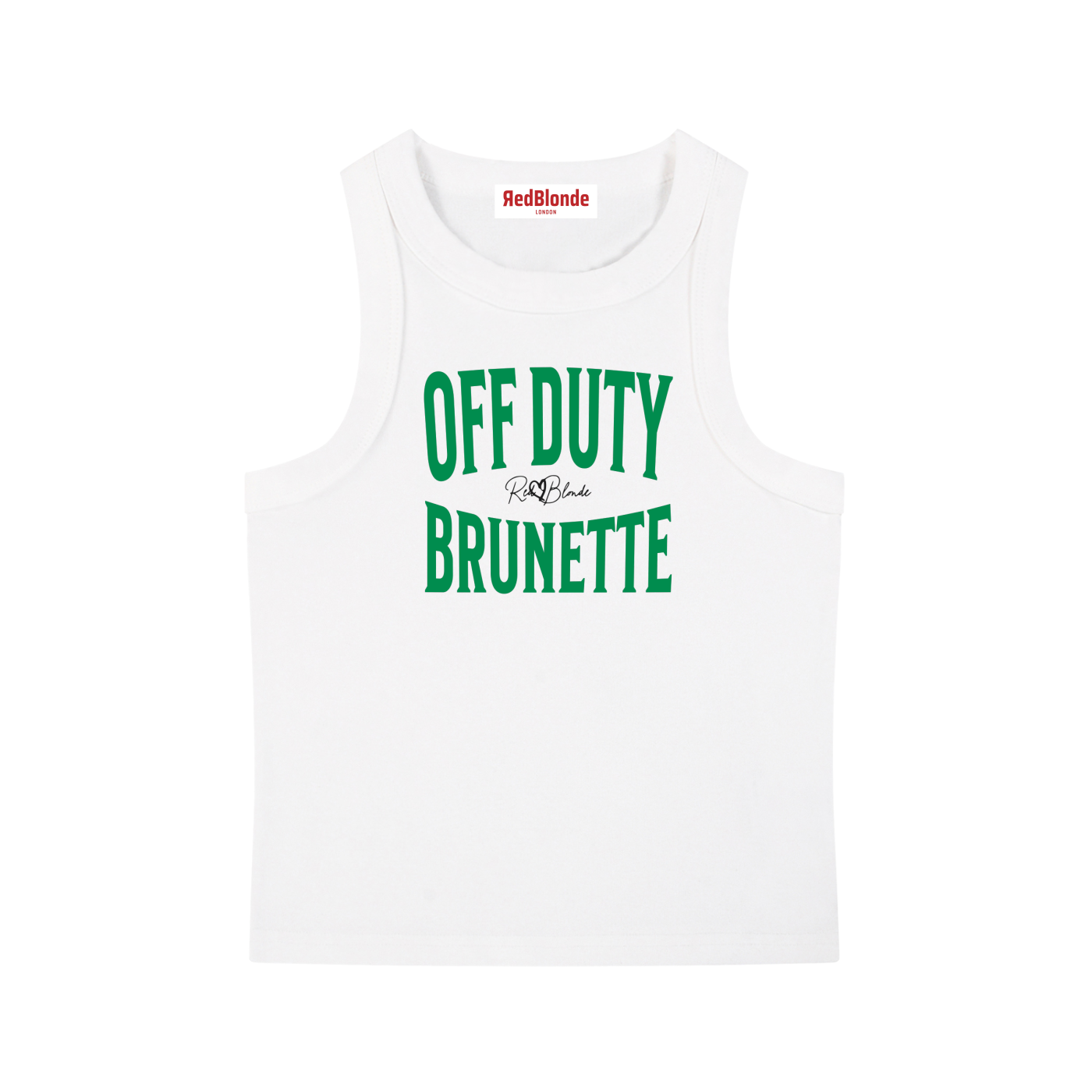 A white sleeveless vintage acid wash tank top laid flat on a white background, with green text on the chest reading “OFF DUTY BRUNETTE” in bold Brookfield lettering, and a small cursive RedBlonde signature logo between the words. 