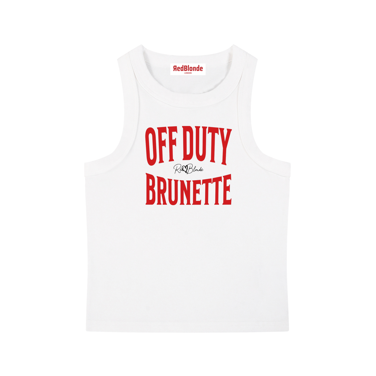 A white sleeveless vintage acid wash tank top laid flat on a white background, with red text on the chest reading “OFF DUTY BRUNETTE” in bold Brookfield lettering, and a small cursive RedBlonde signature logo between the words. 