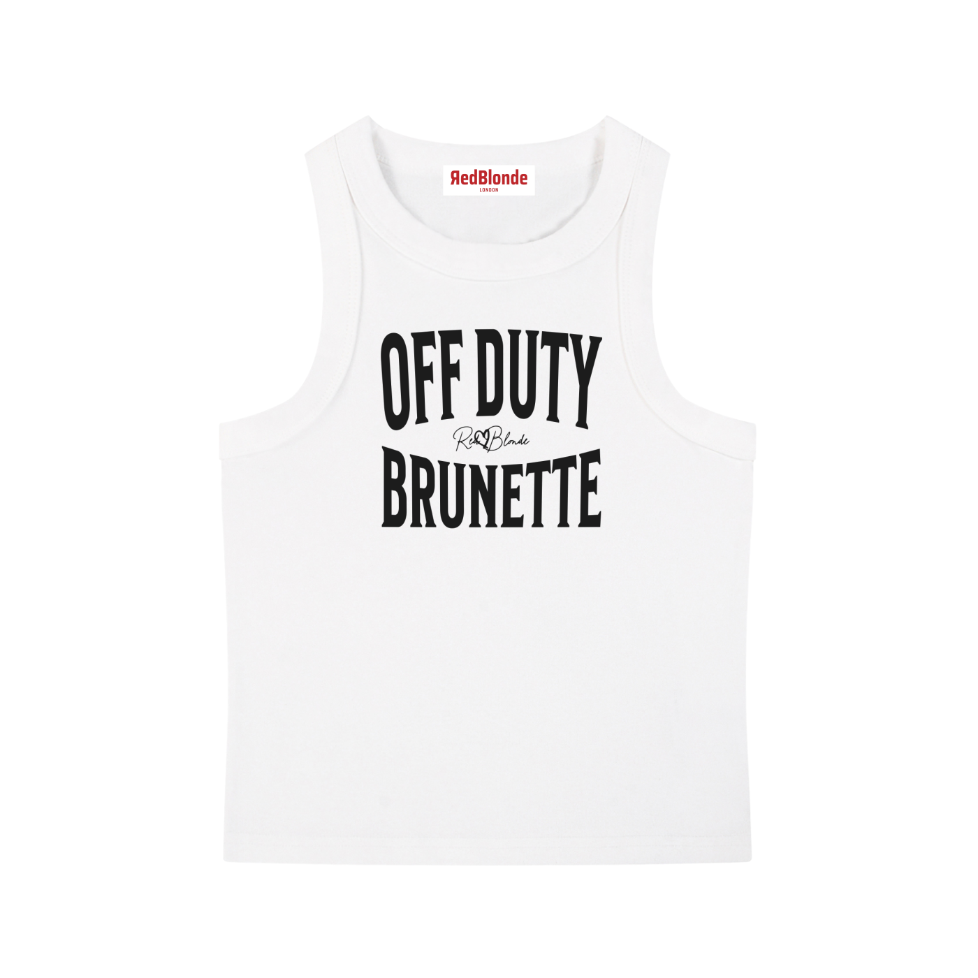 A white sleeveless vintage acid wash tank top laid flat on a white background, with black text on the chest reading “OFF DUTY BRUNETTE” in bold Brookfield lettering, and a small cursive RedBlonde signature logo between the words. 