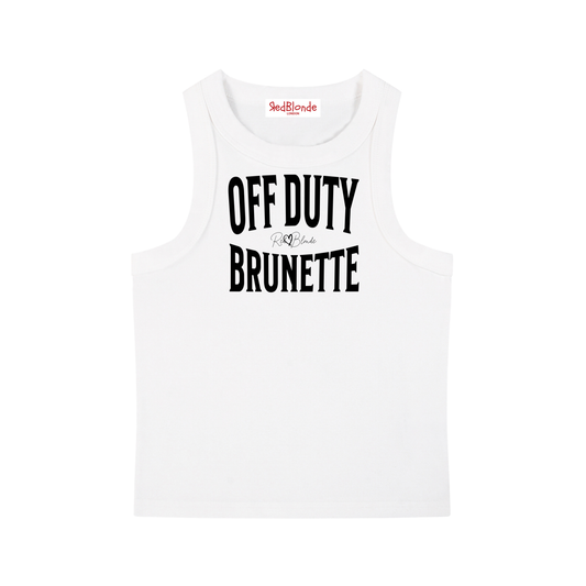 A white sleeveless vintage acid wash tank top laid flat on a white background, with black text on the chest reading “OFF DUTY BRUNETTE” in bold Brookfield lettering, and a small cursive RedBlonde signature logo between the words. 