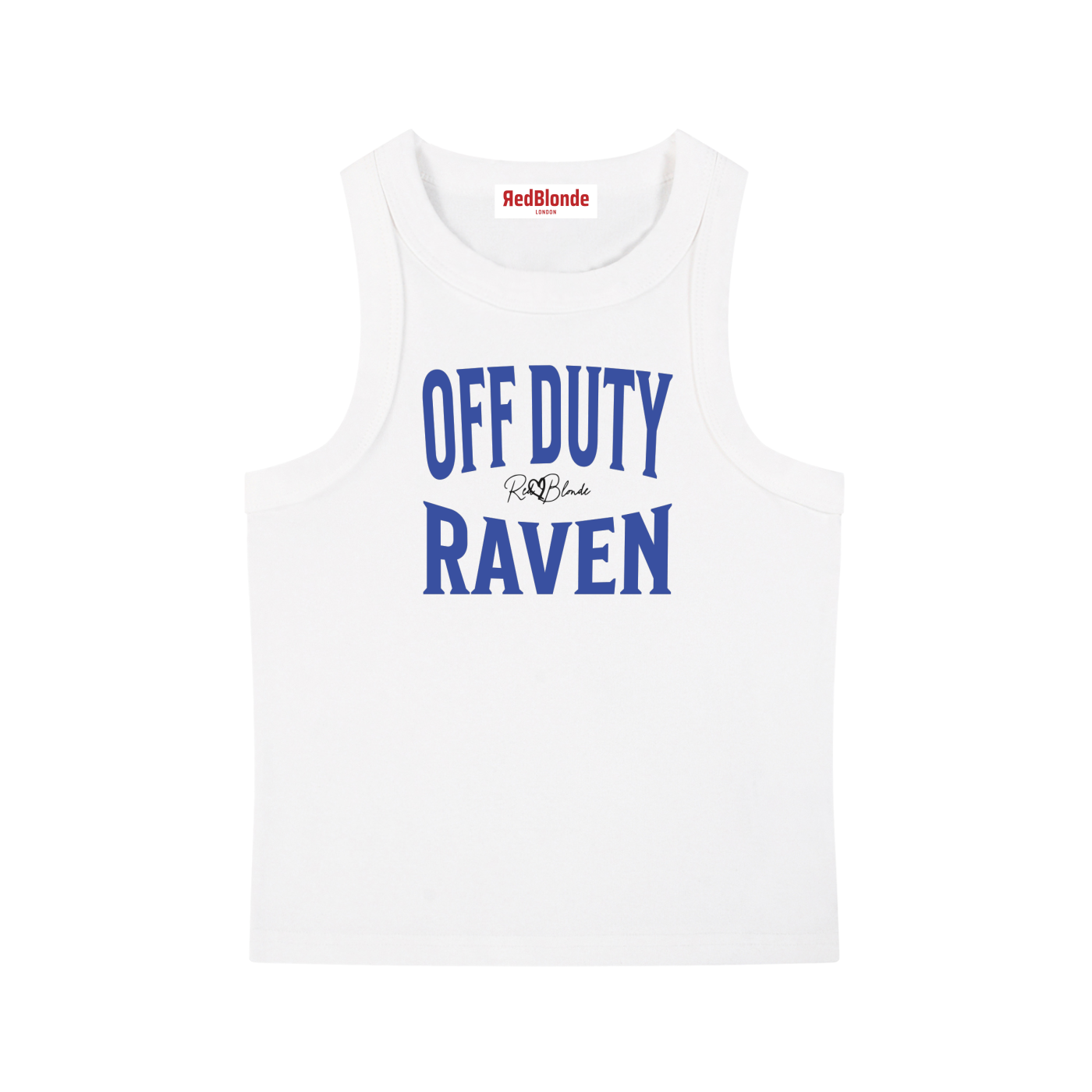 A white sleeveless vintage acid wash tank top laid flat on a white background, with blue text on the chest reading “OFF DUTY RAVEN” in bold Brookfield lettering, and a small cursive RedBlonde signature logo between the words. 
