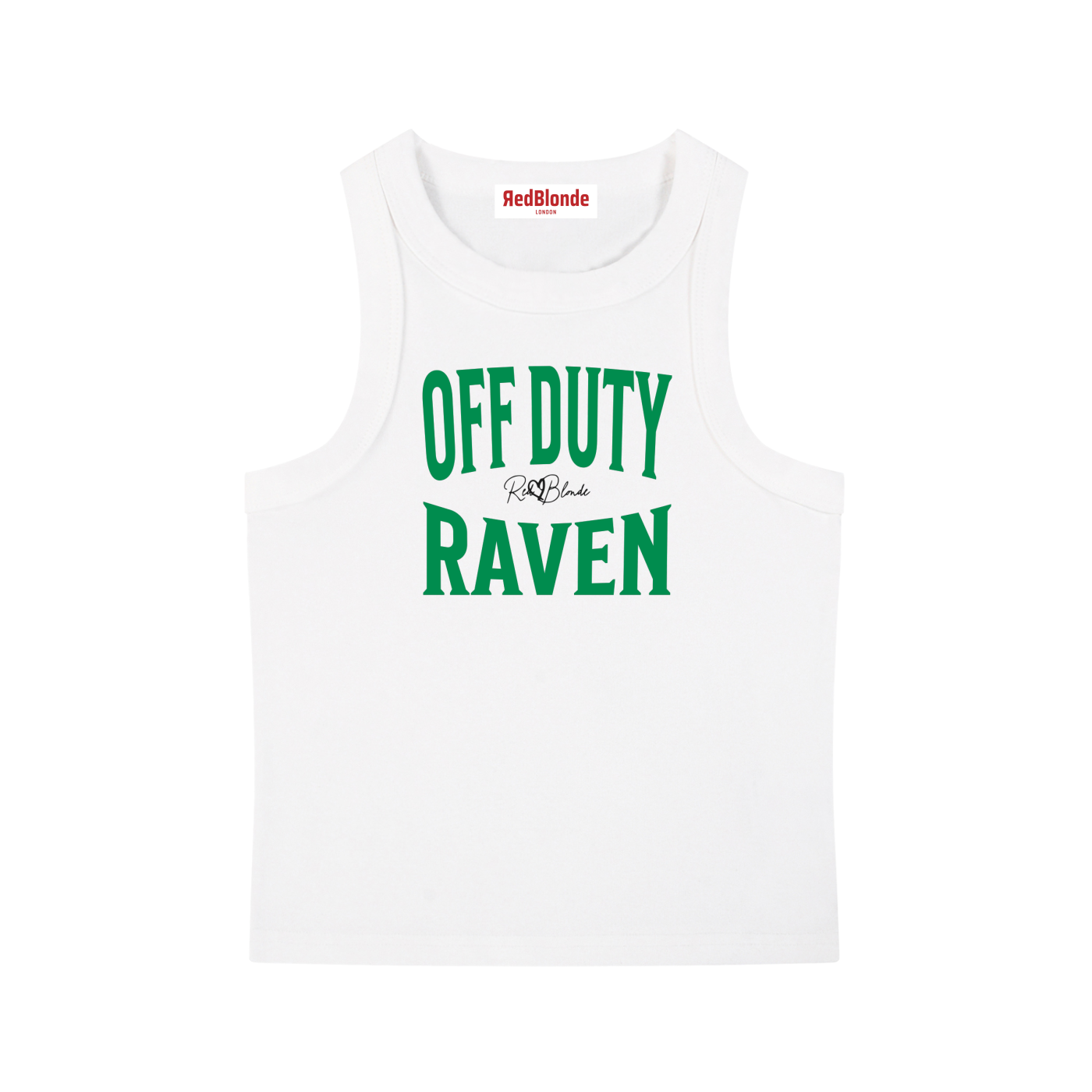 A white sleeveless vintage acid wash tank top laid flat on a white background, with green text on the chest reading “OFF DUTY RAVEN” in bold Brookfield lettering, and a small cursive RedBlonde signature logo between the words. 
