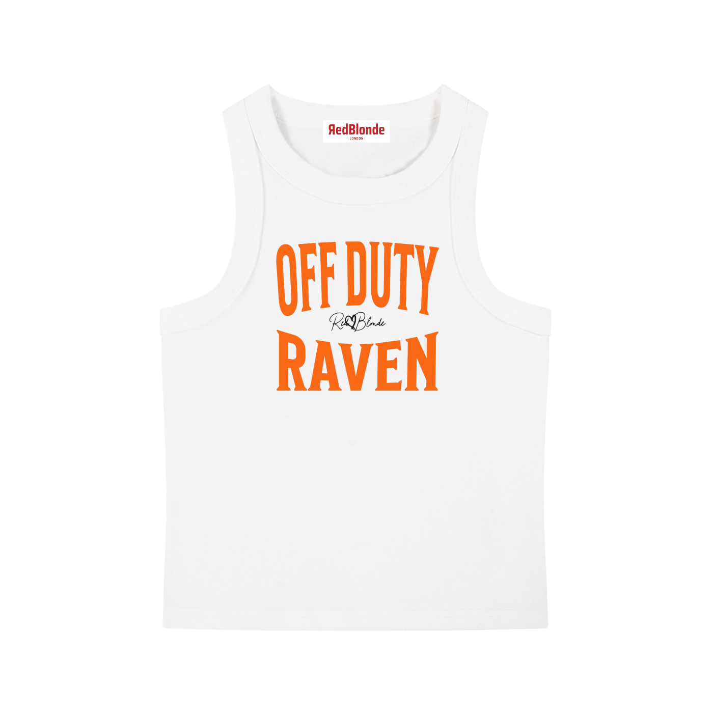 A white sleeveless vintage acid wash tank top laid flat on a white background, with orange text on the chest reading “OFF DUTY RAVEN” in bold Brookfield lettering, and a small cursive RedBlonde signature logo between the words. 