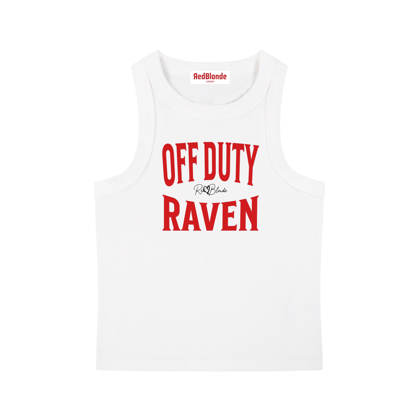 A white sleeveless vintage acid wash tank top laid flat on a white background, with red text on the chest reading “OFF DUTY RAVEN” in bold Brookfield lettering, and a small cursive RedBlonde signature logo between the words. 