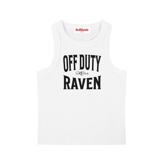 A white sleeveless vintage acid wash tank top laid flat on a white background, with Black text on the chest reading “OFF DUTY RAVEN” in bold Brookfield lettering, and a small cursive RedBlonde signature logo between the words. 