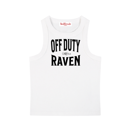 A white sleeveless vintage acid wash tank top laid flat on a white background, with Black text on the chest reading “OFF DUTY RAVEN” in bold Brookfield lettering, and a small cursive RedBlonde signature logo between the words. 
