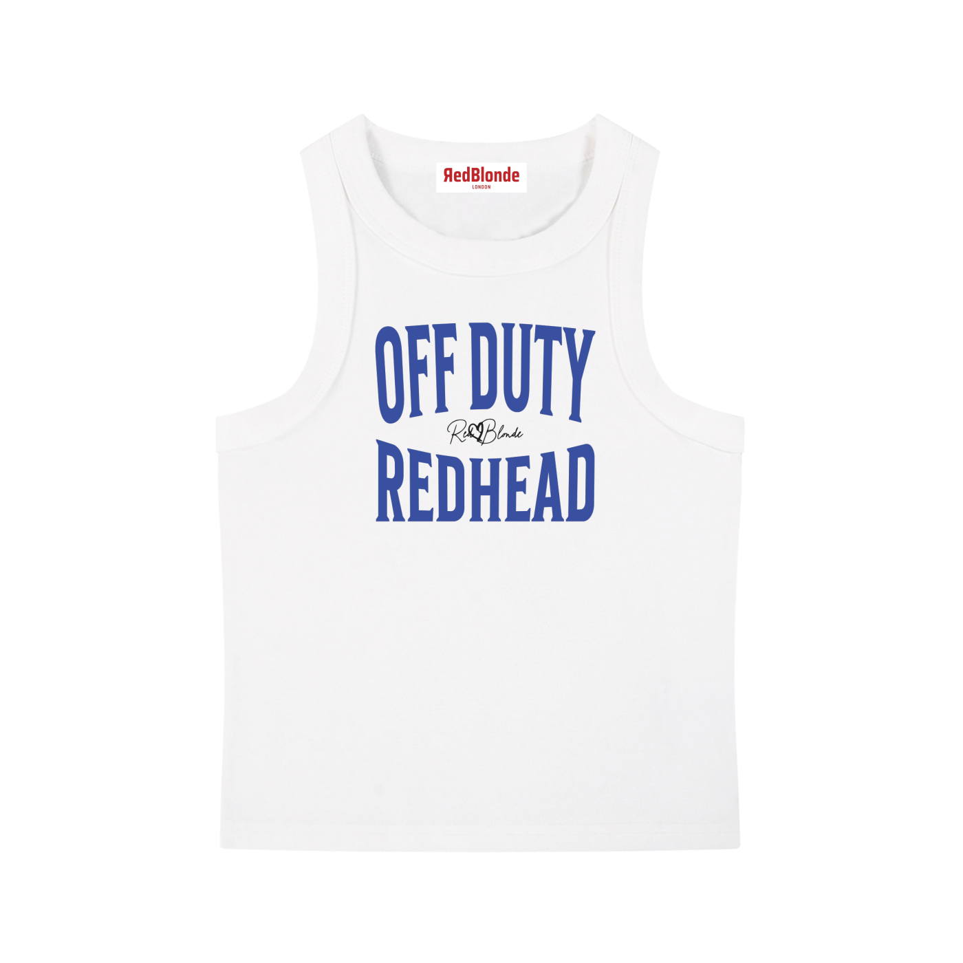 A white sleeveless vintage acid wash tank top laid flat on a white background, with blue text on the chest reading “OFF DUTY REDHEAD” in bold Brookfield lettering, and a small cursive RedBlonde signature logo between the words