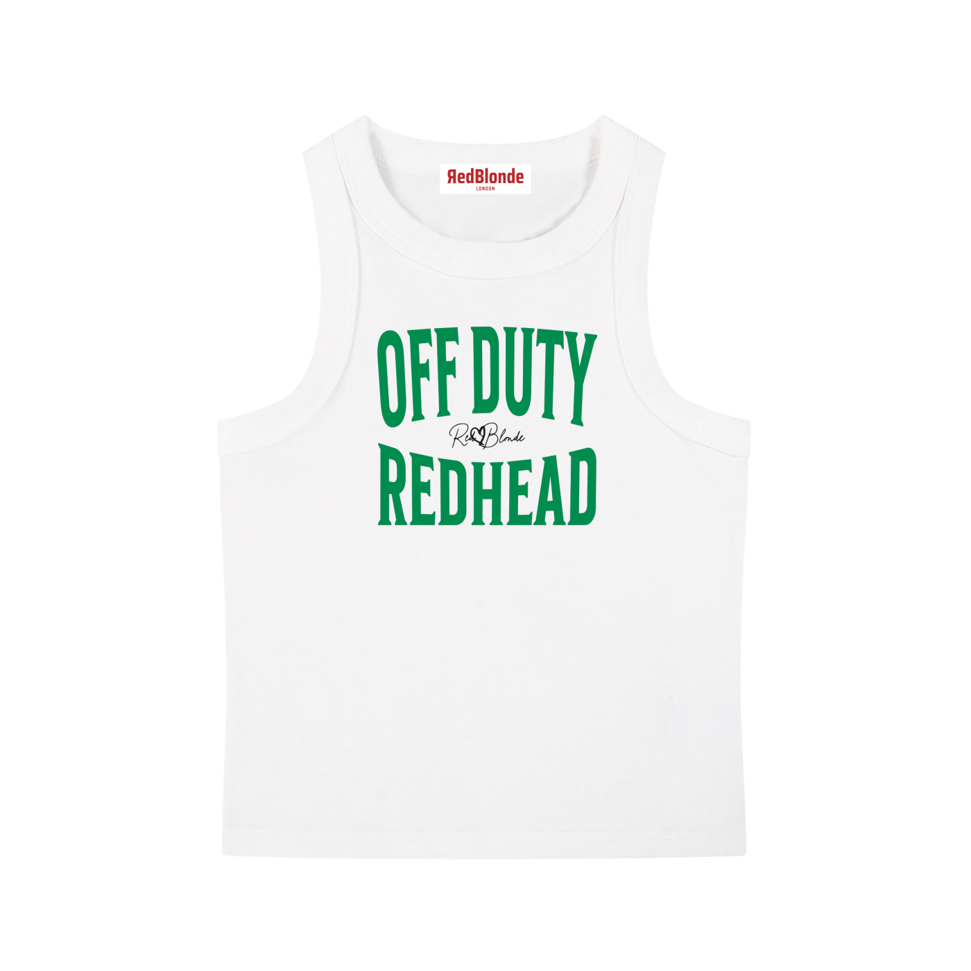 A white sleeveless vintage acid wash tank top laid flat on a white background, with emerald green text on the chest reading “OFF DUTY REDHEAD” in bold Brookfield lettering, and a small cursive RedBlonde signature logo between the words