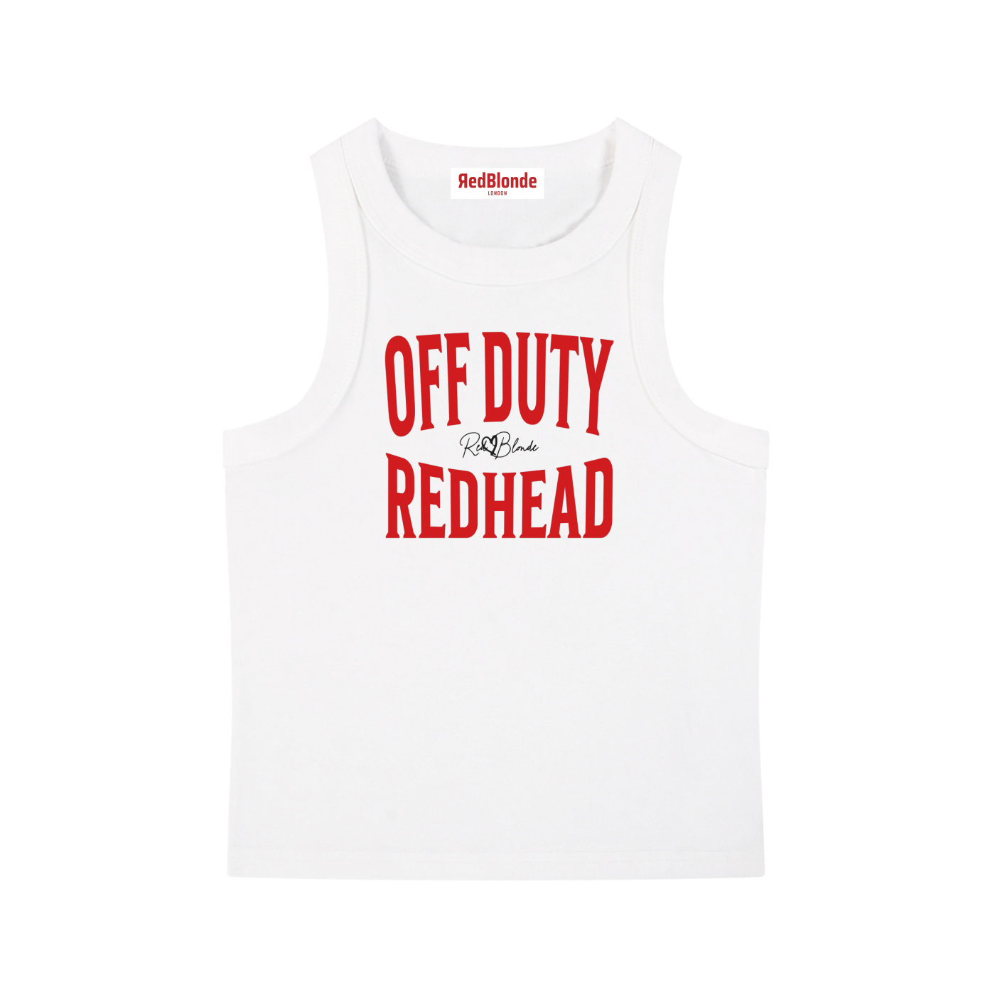 A white sleeveless vintage acid wash tank top laid flat on a white background, with red text on the chest reading “OFF DUTY REDHEAD” in bold Brookfield lettering, and a small cursive RedBlonde signature logo between the words
