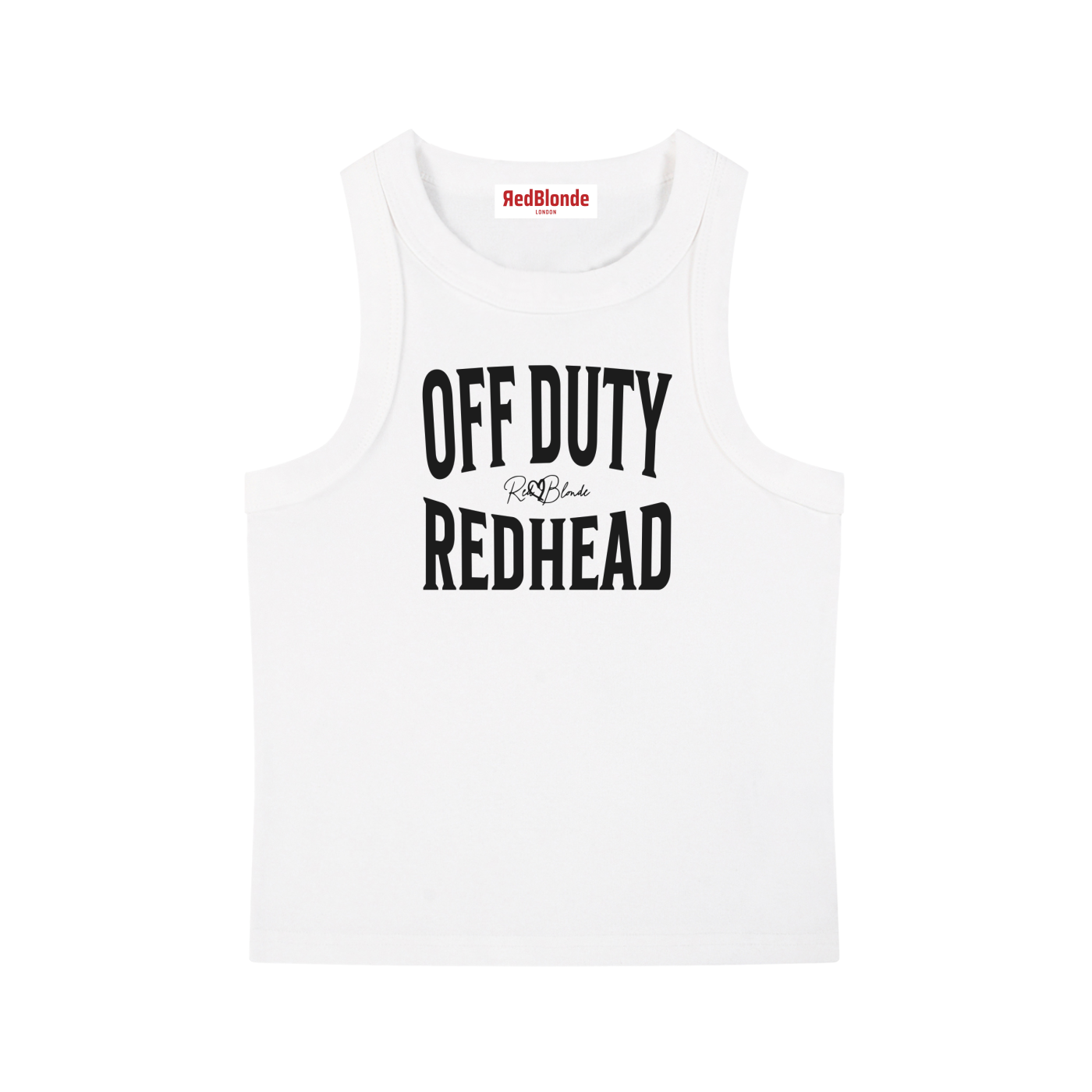 a white sleeveless vintage acid wash tank top laid flat on a white background, with black text on the chest reading “OFF DUTY REDHEAD” in bold Brookfield lettering, and a small cursive RedBlonde signature logo between the words. 