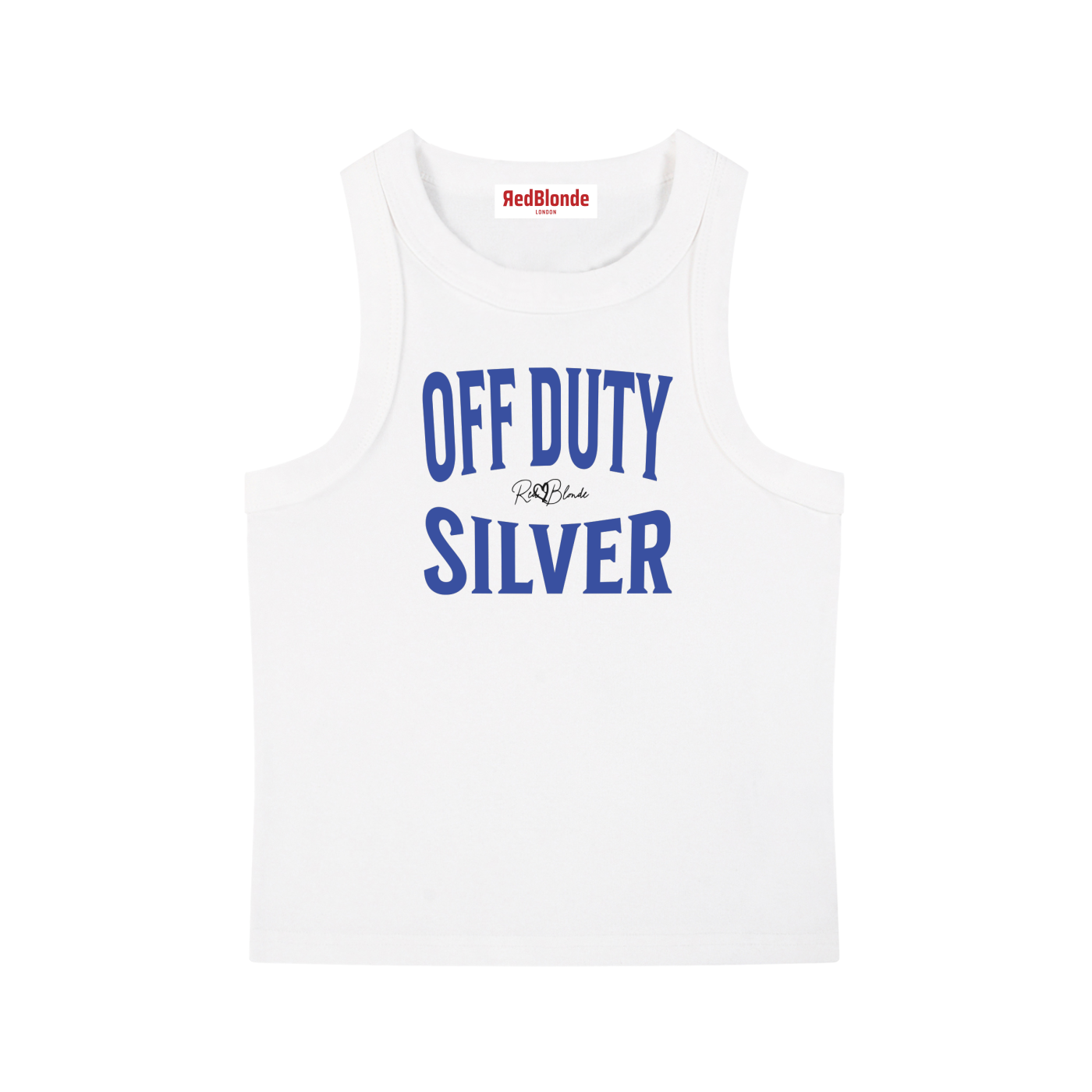 A white sleeveless vintage acid wash tank top laid flat on a white background, with blue text on the chest reading “OFF DUTY SILVER” in bold Brookfield lettering, and a small cursive RedBlonde signature logo between the words. 