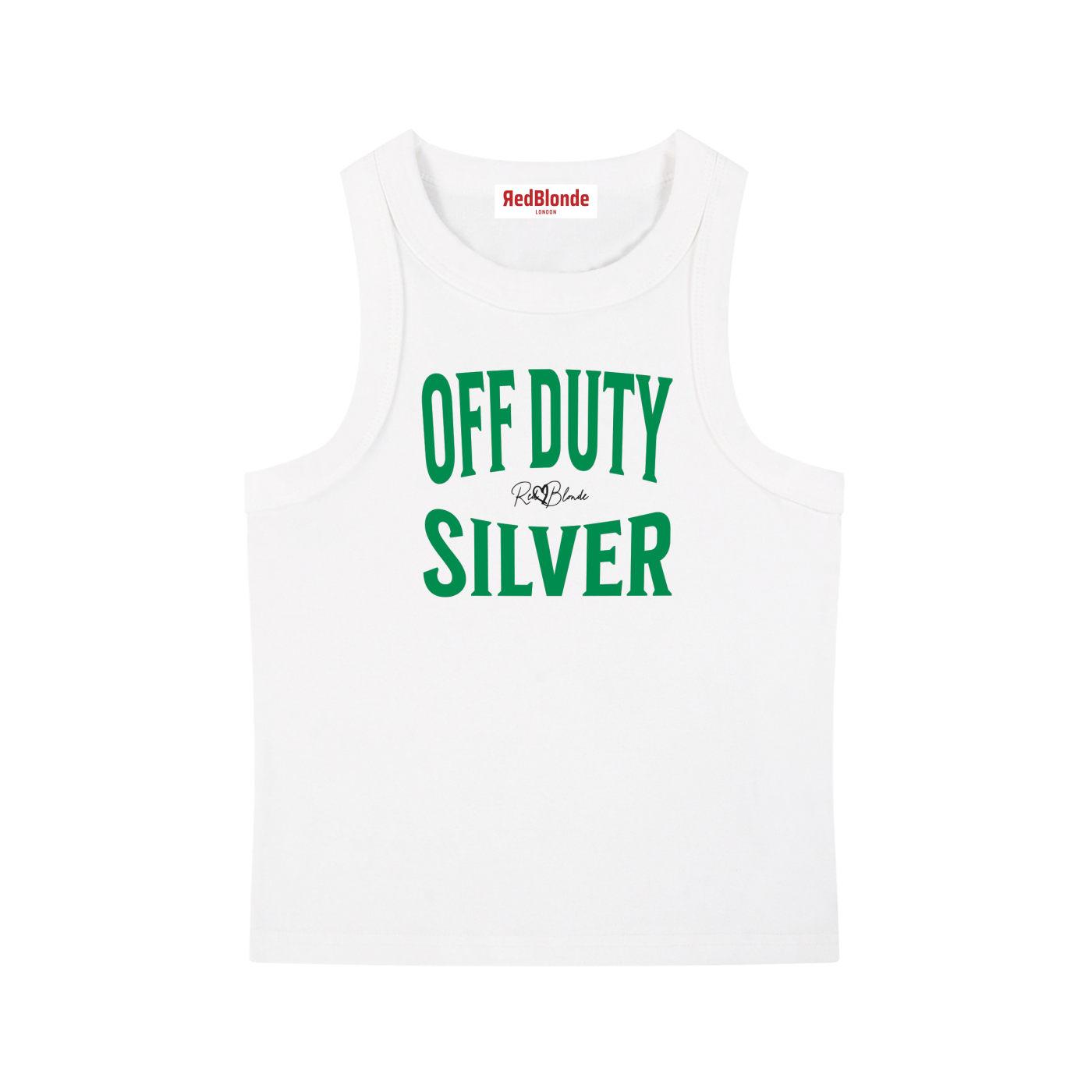 A white sleeveless vintage acid wash tank top laid flat on a white background, with green text on the chest reading “OFF DUTY SILVER” in bold Brookfield lettering, and a small cursive RedBlonde signature logo between the words. 