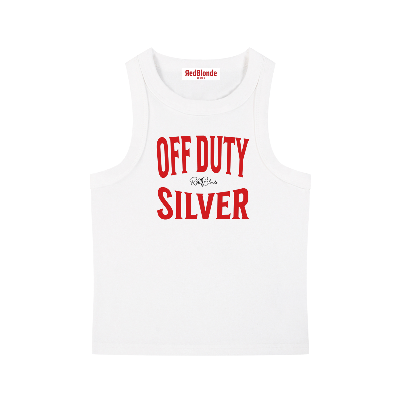 A white sleeveless vintage acid wash tank top laid flat on a white background, with red text on the chest reading “OFF DUTY SILVER” in bold Brookfield lettering, and a small cursive RedBlonde signature logo between the words. 