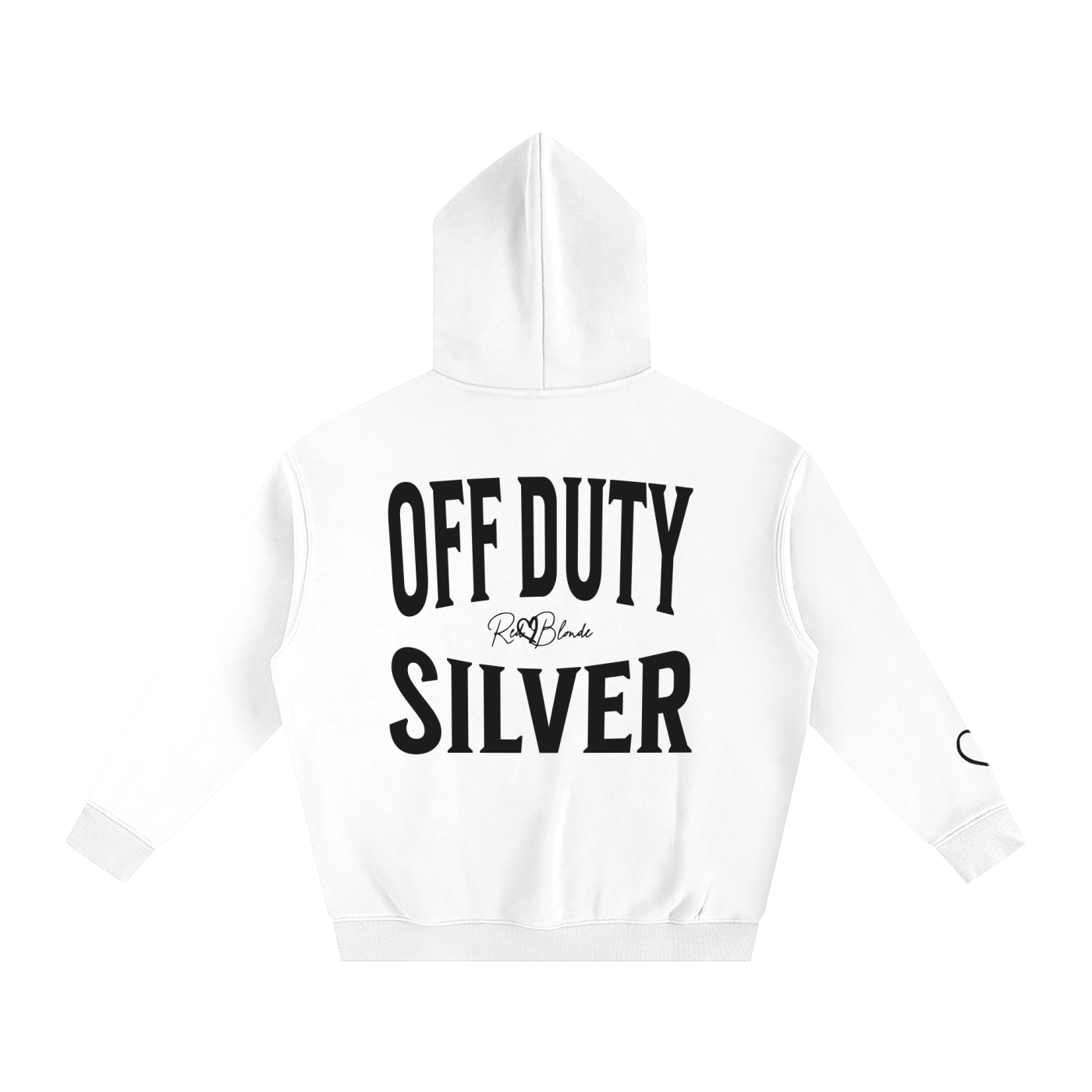 white hoodie, back view, with large black  ‘OFF DUTY SILVER’ Brookfield text print and small RedBlonde signature logo beneath. black heart detail on the sleeve