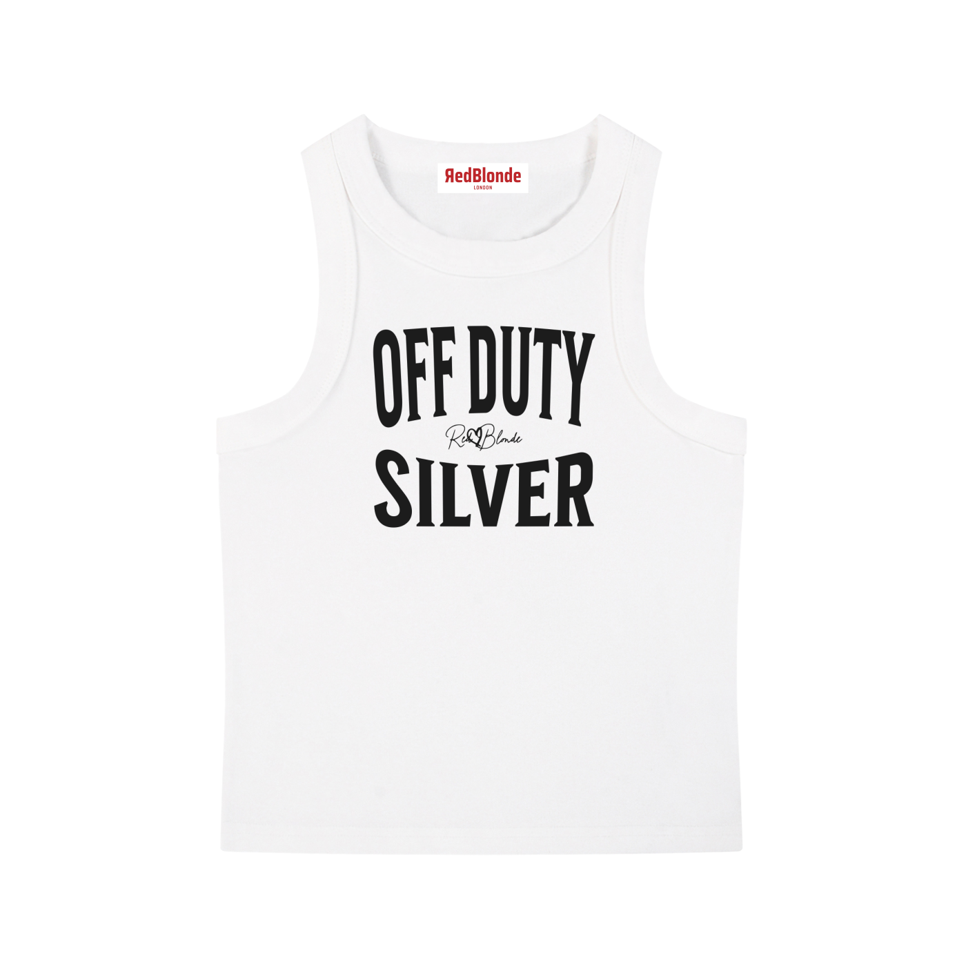 A white sleeveless vintage acid wash tank top laid flat on a white background, with black text on the chest reading “OFF DUTY SILVER” in bold Brookfield lettering, and a small cursive RedBlonde signature logo between the words. 