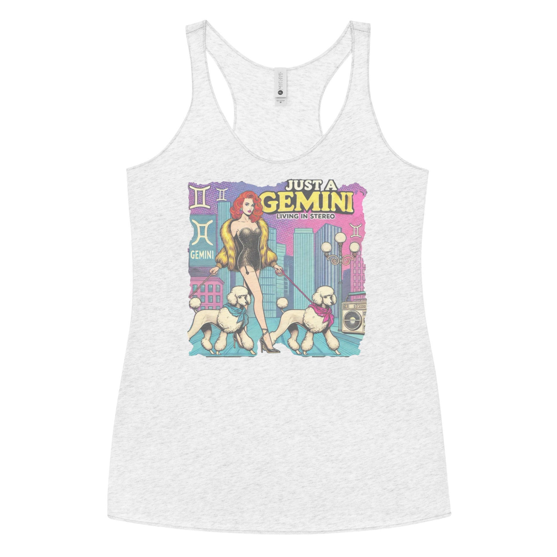 Flatlay of a heather white soft racerback tank t-shirt with a retro pop-art redhead Gemini graphic featuring a redhead woman, in a short catsuit and fur coat walking two poodle dogs with neck scarfs with a city backdrop and a gettoblaster ‘Just a Gemini, Living in Stereo'