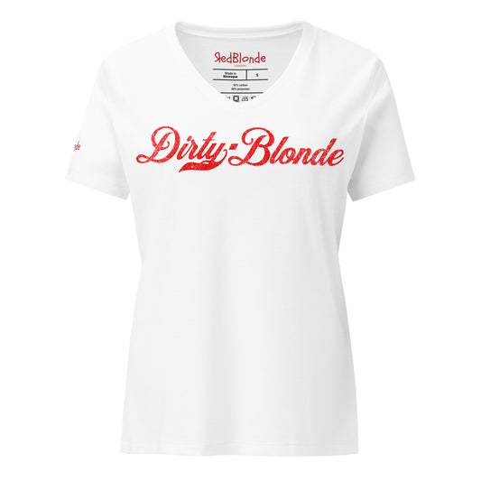 Flatlay of a white relaxed fit V-neck t-shirt with “Dirty Blonde” written in vintage Coca-Cola red script on the front. branded redblonde on the inside neck and right shoulder in red 